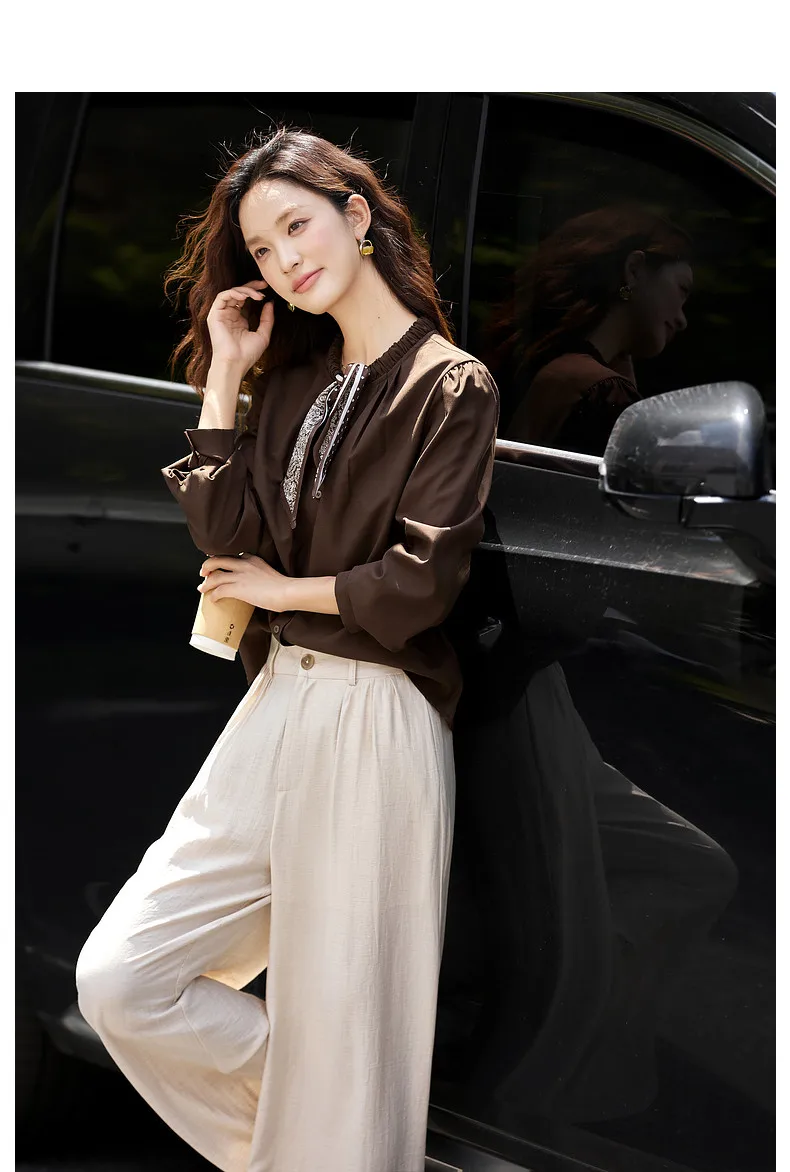 VIMLY Elegant Women's Shirts 2026 Retro Linen Blend Lace Up Crew Neck Blouse Puff Sleeve Autumn New Women's Clothing A3005