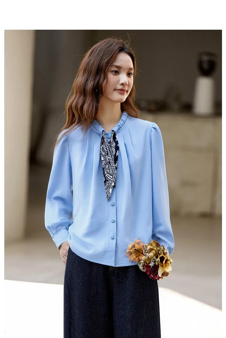 VIMLY Elegant Women's Shirts 2026 Retro Linen Blend Lace Up Crew Neck Blouse Puff Sleeve Autumn New Women's Clothing A3005