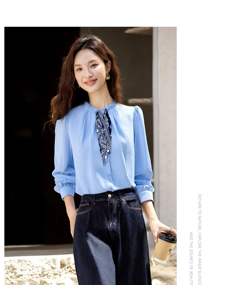 VIMLY Elegant Women's Shirts 2026 Retro Linen Blend Lace Up Crew Neck Blouse Puff Sleeve Autumn New Women's Clothing A3005