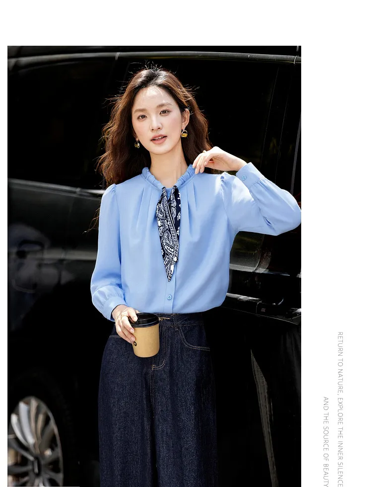 VIMLY Elegant Women's Shirts 2026 Retro Linen Blend Lace Up Crew Neck Blouse Puff Sleeve Autumn New Women's Clothing A3005