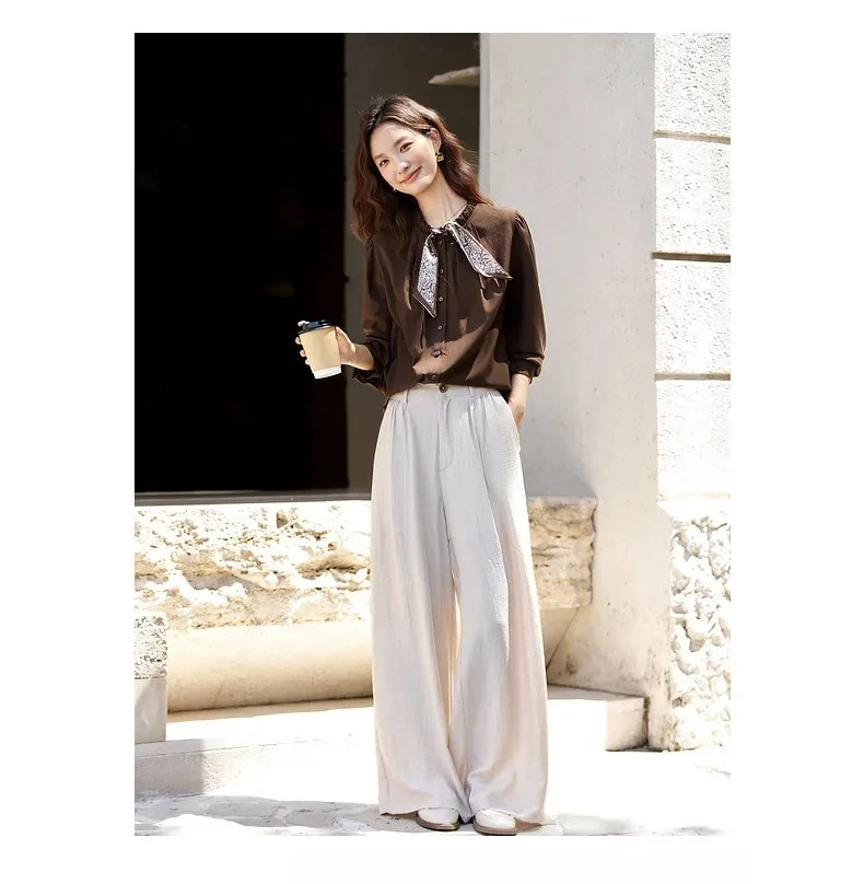 VIMLY Elegant Women's Shirts 2026 Retro Linen Blend Lace Up Crew Neck Blouse Puff Sleeve Autumn New Women's Clothing A3005