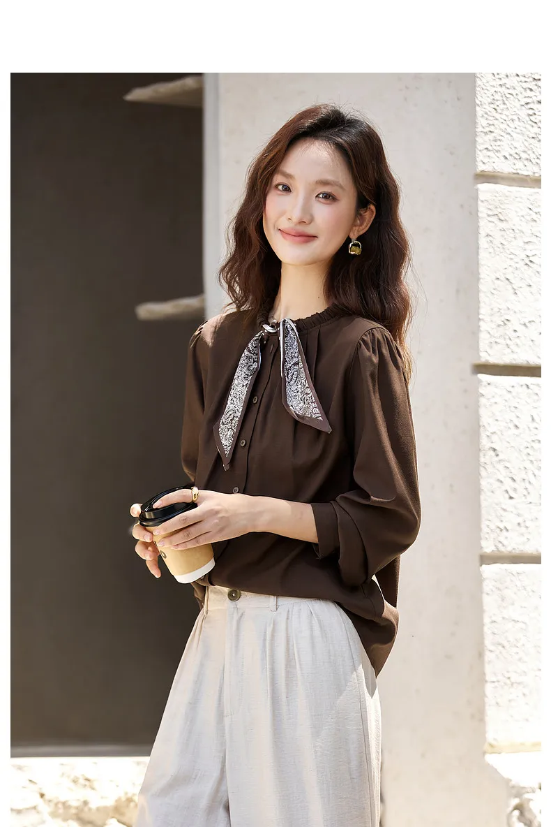 VIMLY Elegant Women's Shirts 2026 Retro Linen Blend Lace Up Crew Neck Blouse Puff Sleeve Autumn New Women's Clothing A3005