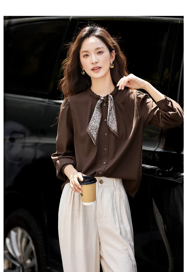 VIMLY Elegant Women's Shirts 2026 Retro Linen Blend Lace Up Crew Neck Blouse Puff Sleeve Autumn New Women's Clothing A3005