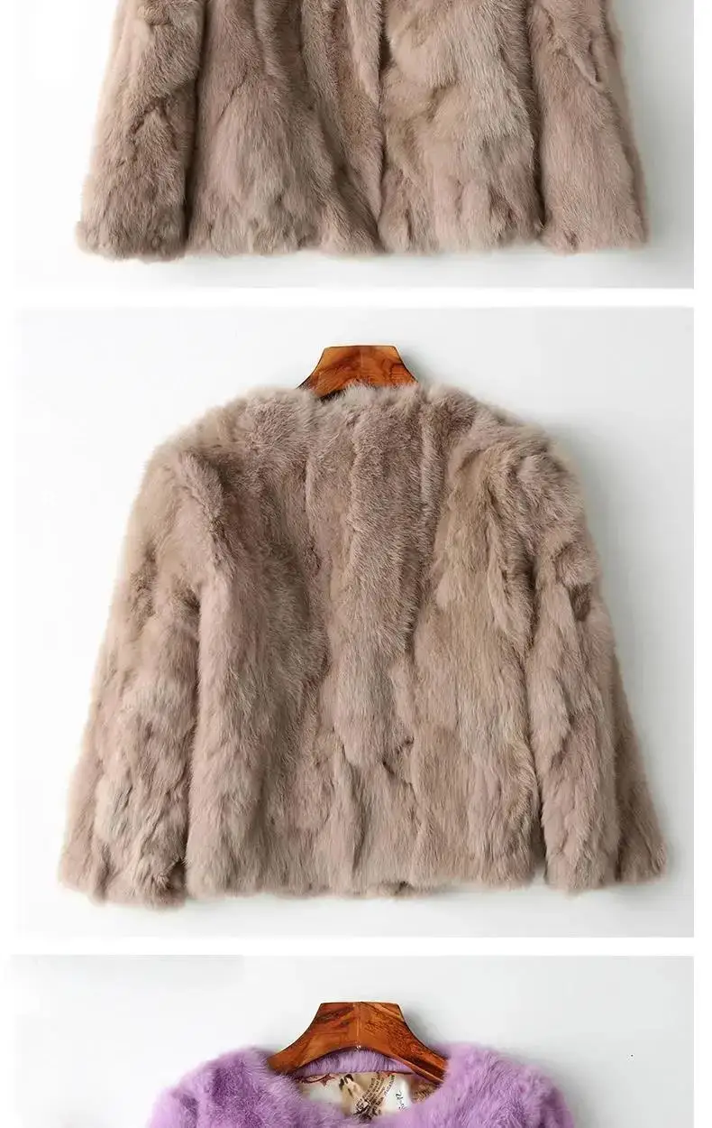 2025 New Women's Real Rabbit Fur Coat High-waist Round Collar Cardigan Long-sleeved Slim Fit Rabbit Jacket Women Fashion Coat
