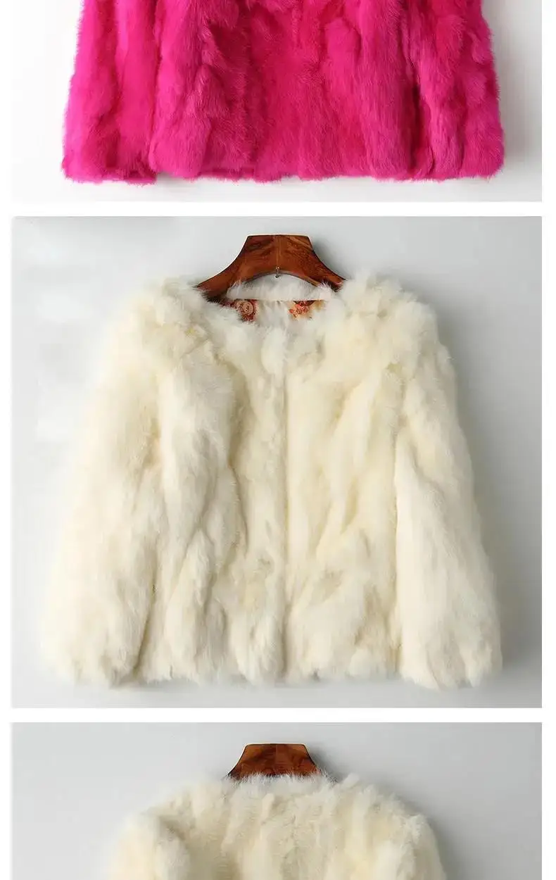 2025 New Women's Real Rabbit Fur Coat High-waist Round Collar Cardigan Long-sleeved Slim Fit Rabbit Jacket Women Fashion Coat