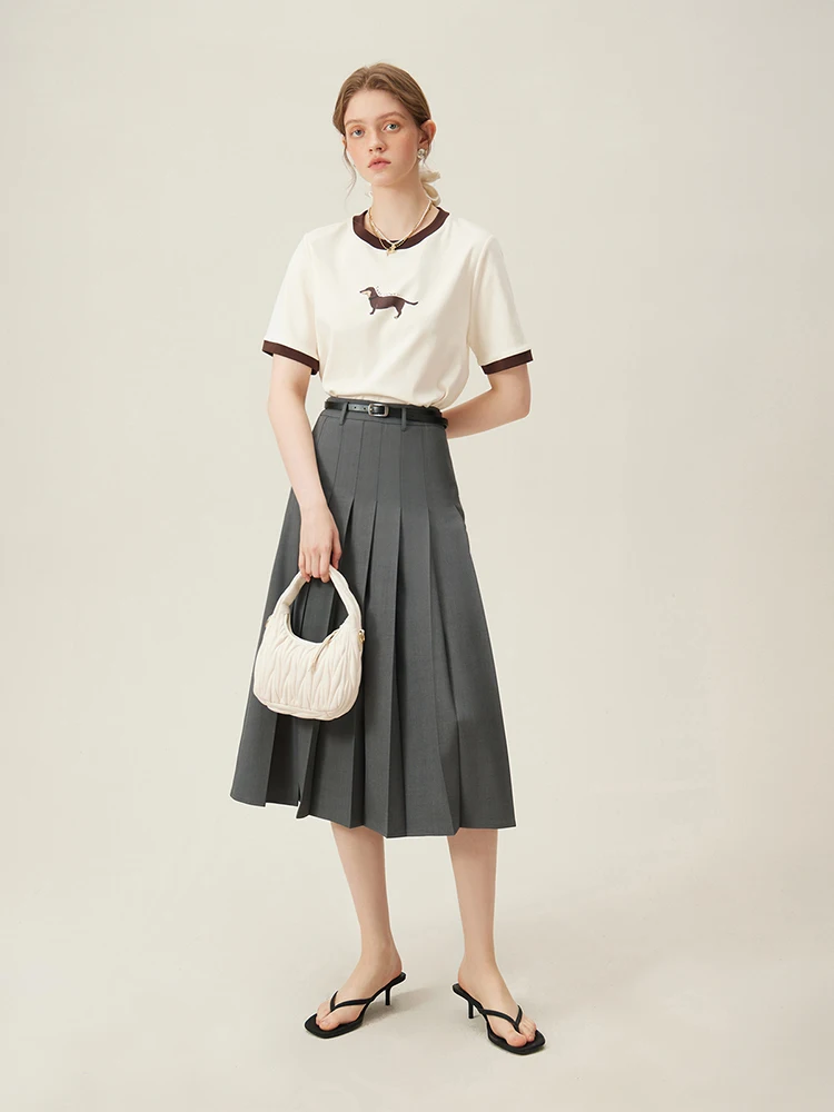 FSLE 2025 New Arrival Women Zipper Waist Office Lady Elegant Grey Skirt Pleated Design Navy Blue Color Long Skirt Daily Outfits