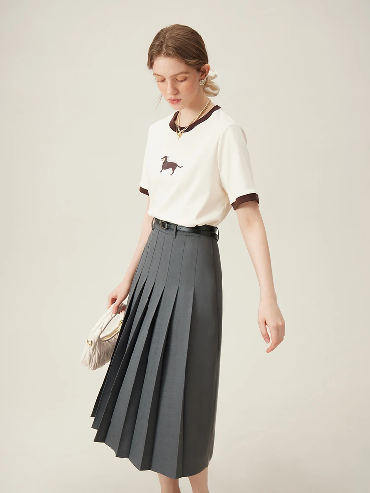FSLE 2025 New Arrival Women Zipper Waist Office Lady Elegant Grey Skirt Pleated Design Navy Blue Color Long Skirt Daily Outfits