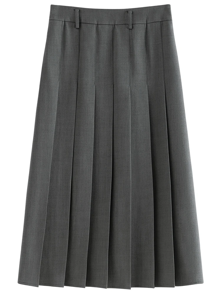 FSLE 2025 New Arrival Women Zipper Waist Office Lady Elegant Grey Skirt Pleated Design Navy Blue Color Long Skirt Daily Outfits