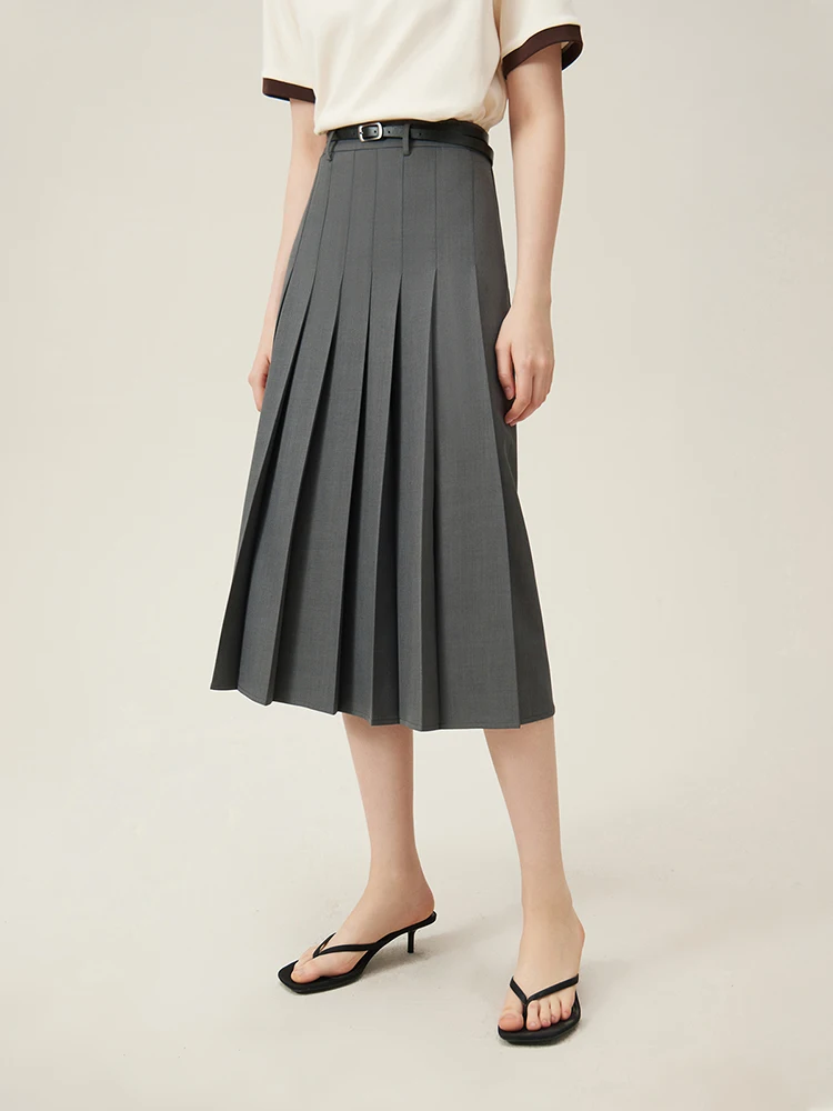 FSLE 2025 New Arrival Women Zipper Waist Office Lady Elegant Grey Skirt Pleated Design Navy Blue Color Long Skirt Daily Outfits