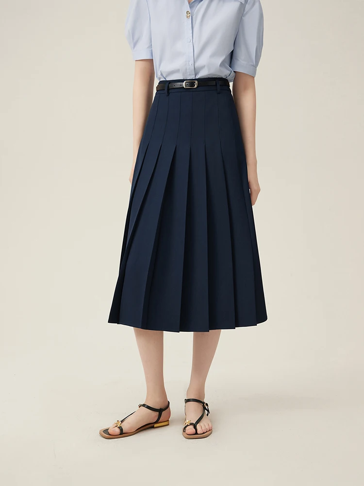 FSLE 2025 New Arrival Women Zipper Waist Office Lady Elegant Grey Skirt Pleated Design Navy Blue Color Long Skirt Daily Outfits