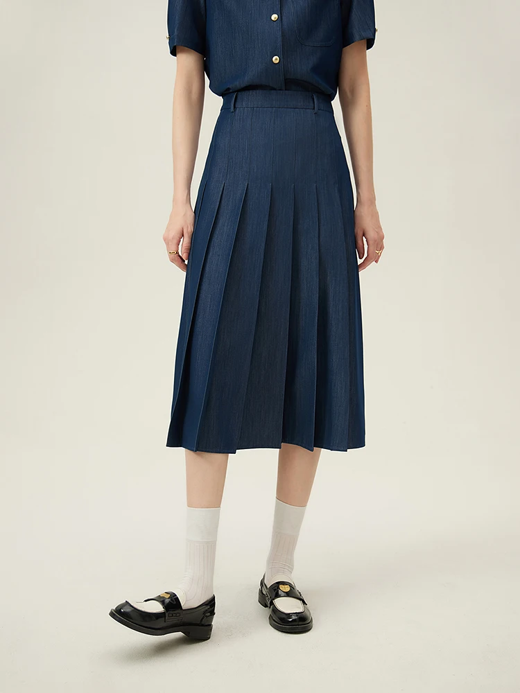 FSLE 2025 New Arrival Women Zipper Waist Office Lady Elegant Grey Skirt Pleated Design Navy Blue Color Long Skirt Daily Outfits