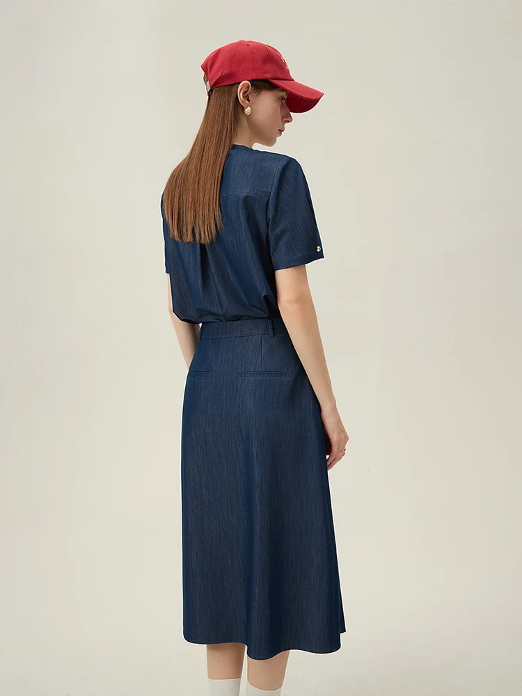FSLE 2025 New Arrival Women Zipper Waist Office Lady Elegant Grey Skirt Pleated Design Navy Blue Color Long Skirt Daily Outfits