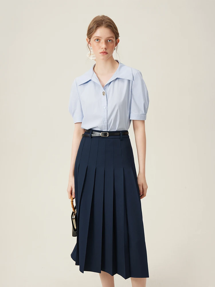 FSLE 2025 New Arrival Women Zipper Waist Office Lady Elegant Grey Skirt Pleated Design Navy Blue Color Long Skirt Daily Outfits