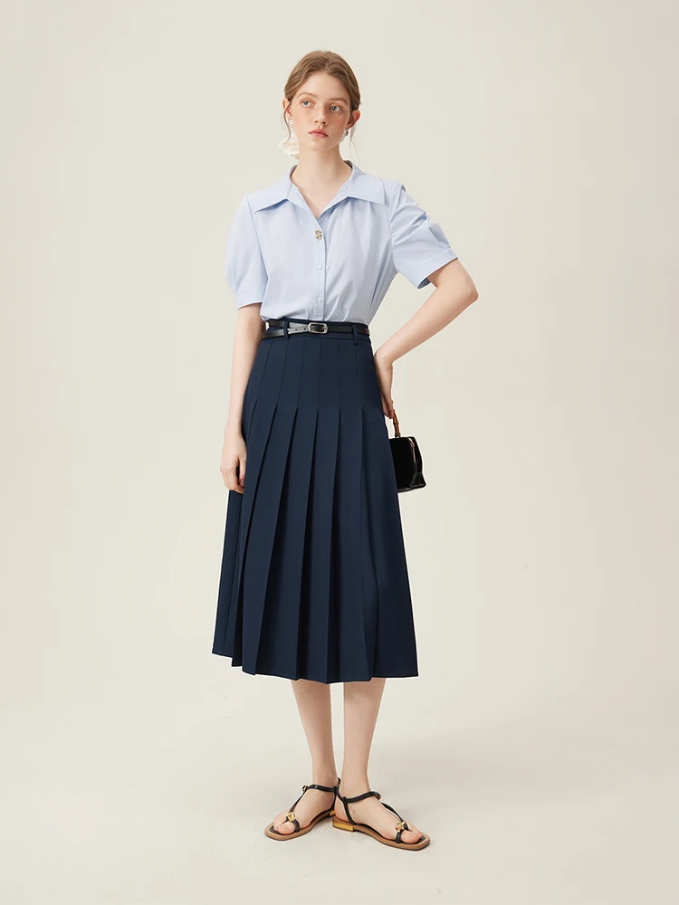 FSLE 2025 New Arrival Women Zipper Waist Office Lady Elegant Grey Skirt Pleated Design Navy Blue Color Long Skirt Daily Outfits