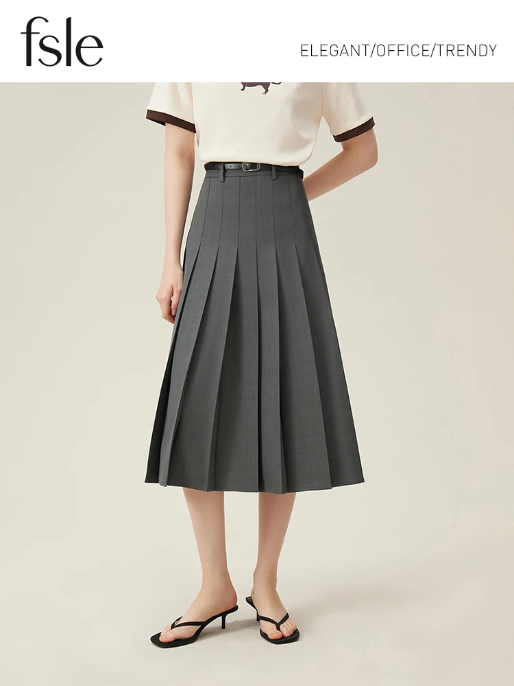 FSLE 2025 New Arrival Women Zipper Waist Office Lady Elegant Grey Skirt Pleated Design Navy Blue Color Long Skirt Daily Outfits
