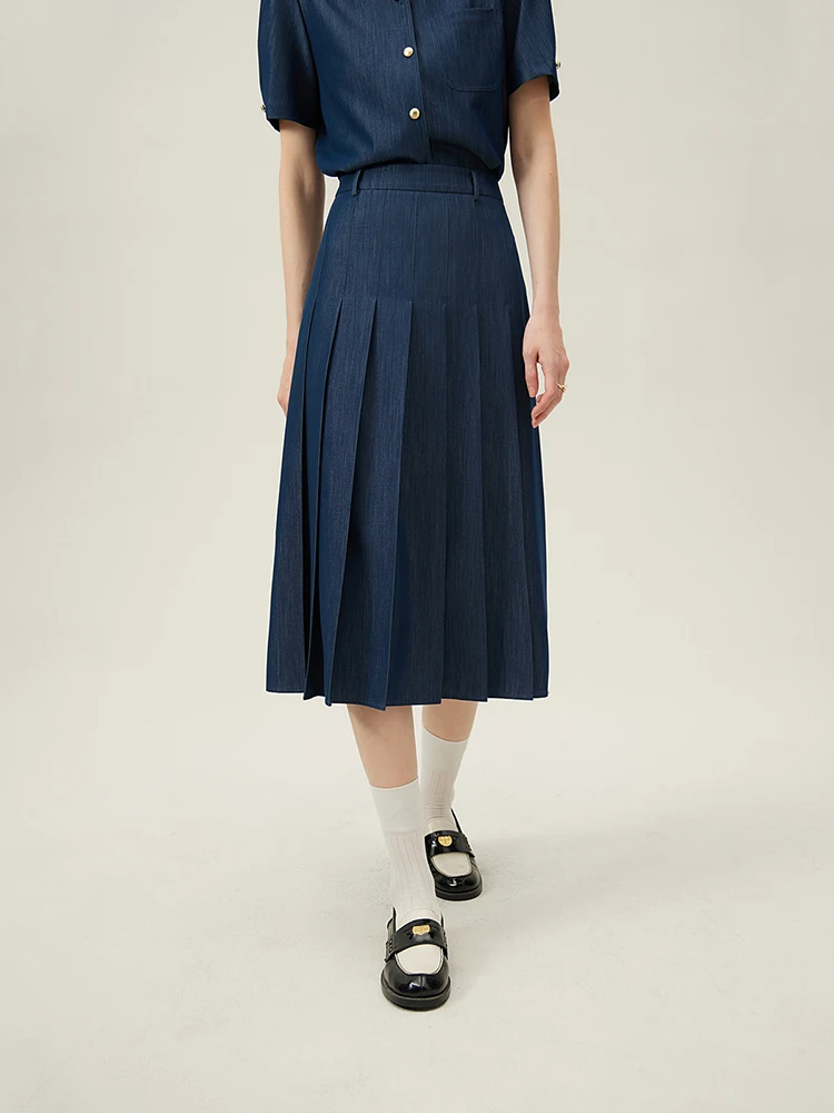 FSLE 2025 New Arrival Women Zipper Waist Office Lady Elegant Grey Skirt Pleated Design Navy Blue Color Long Skirt Daily Outfits