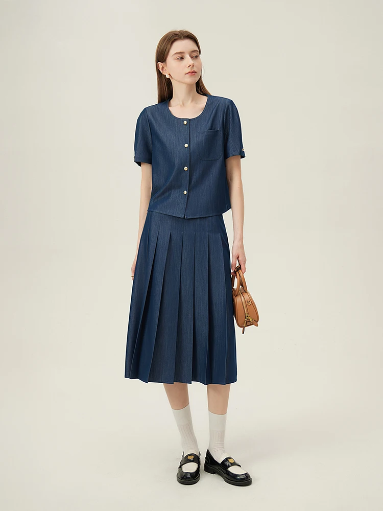 FSLE 2025 New Arrival Women Zipper Waist Office Lady Elegant Grey Skirt Pleated Design Navy Blue Color Long Skirt Daily Outfits