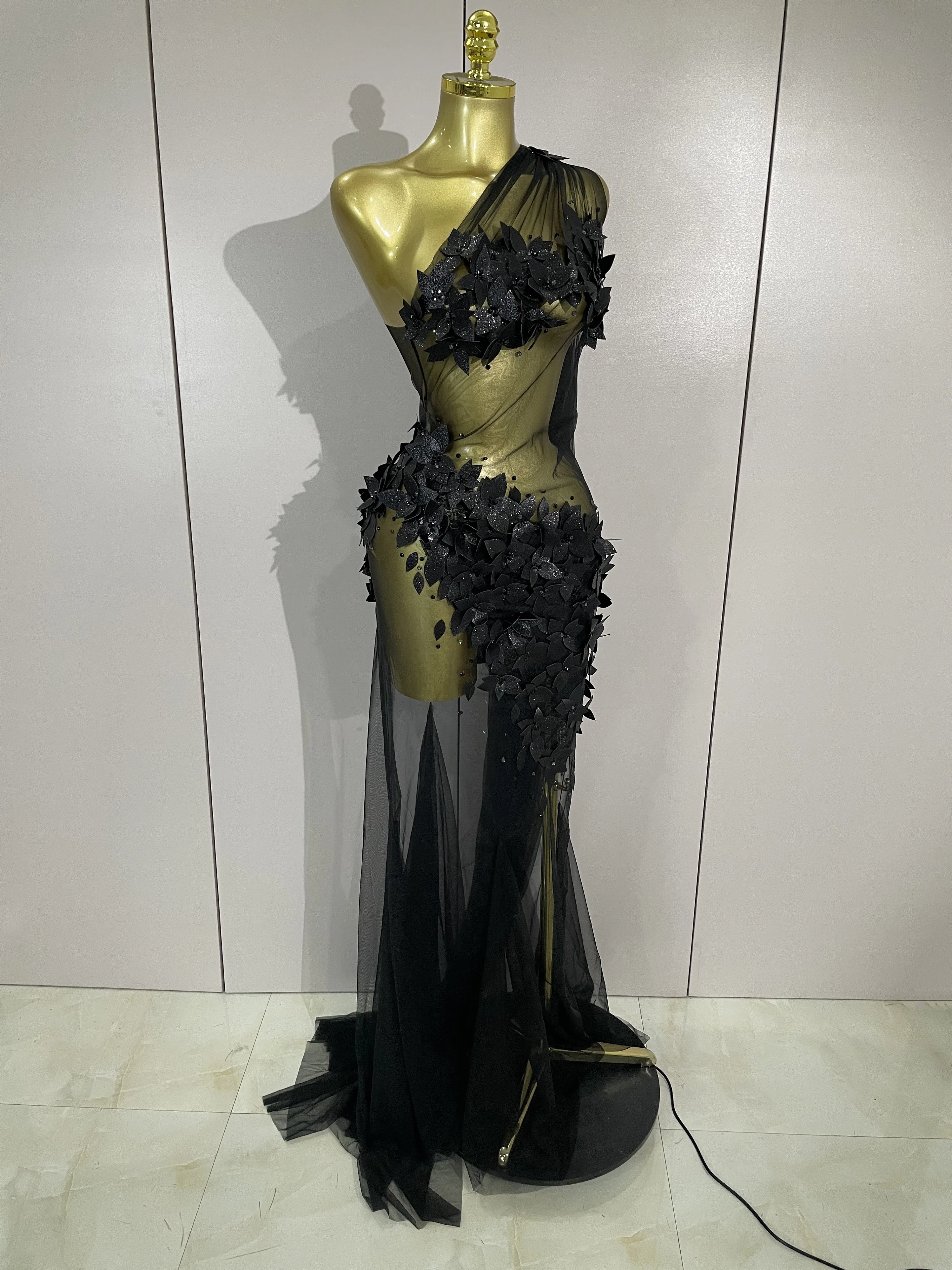 Sexy One Shoulder Shiny 3D Floral Mesh Transparent Maxi Dress 2025 Evening Party Birthday Wedding NightClub Bar Stage Costumes