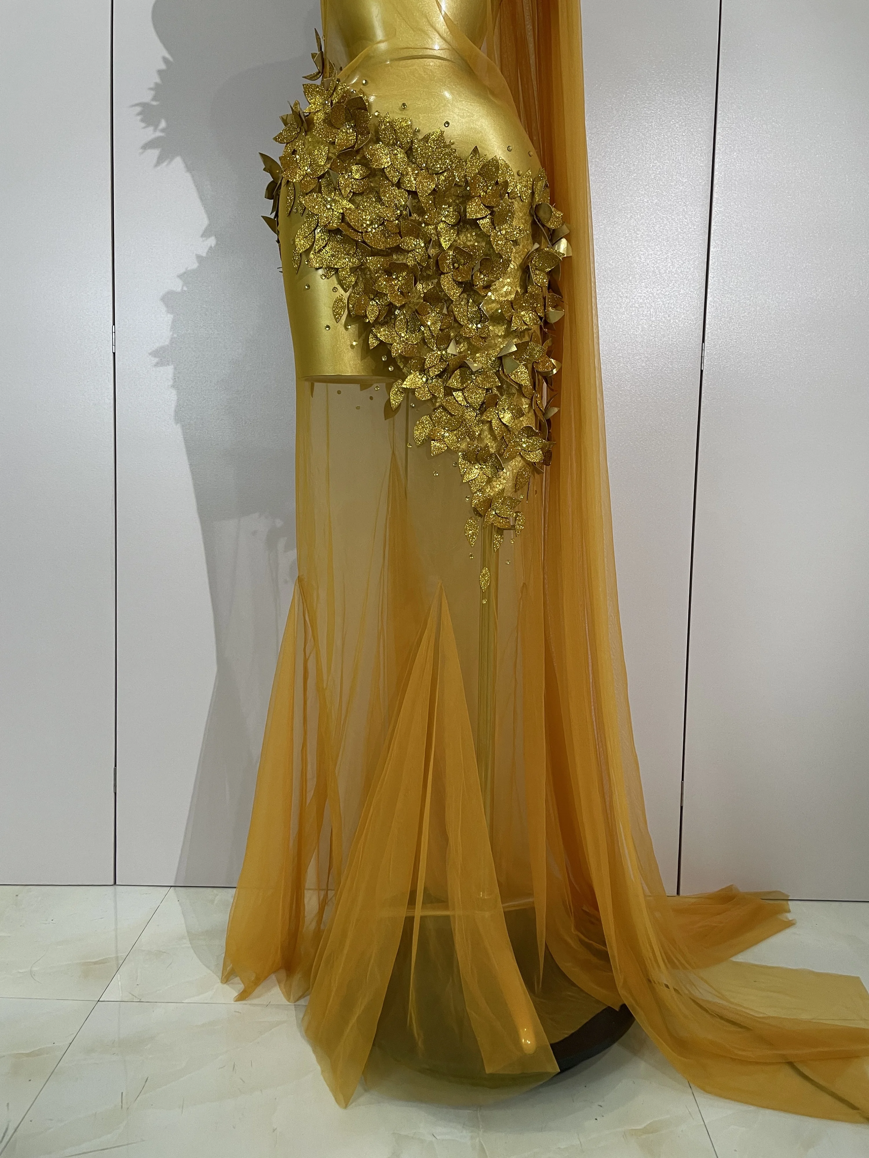 Sexy One Shoulder Shiny 3D Floral Mesh Transparent Maxi Dress 2025 Evening Party Birthday Wedding NightClub Bar Stage Costumes