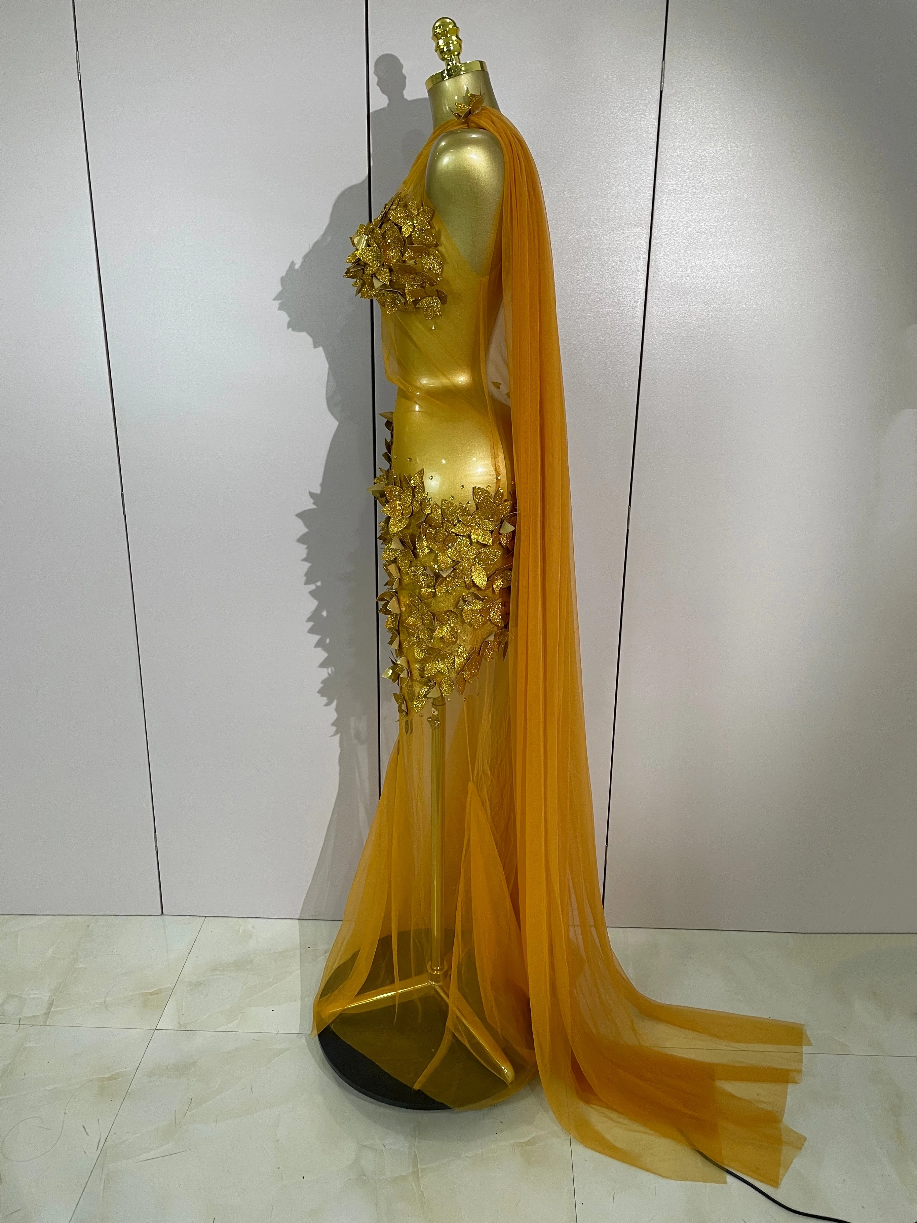 Sexy One Shoulder Shiny 3D Floral Mesh Transparent Maxi Dress 2025 Evening Party Birthday Wedding NightClub Bar Stage Costumes