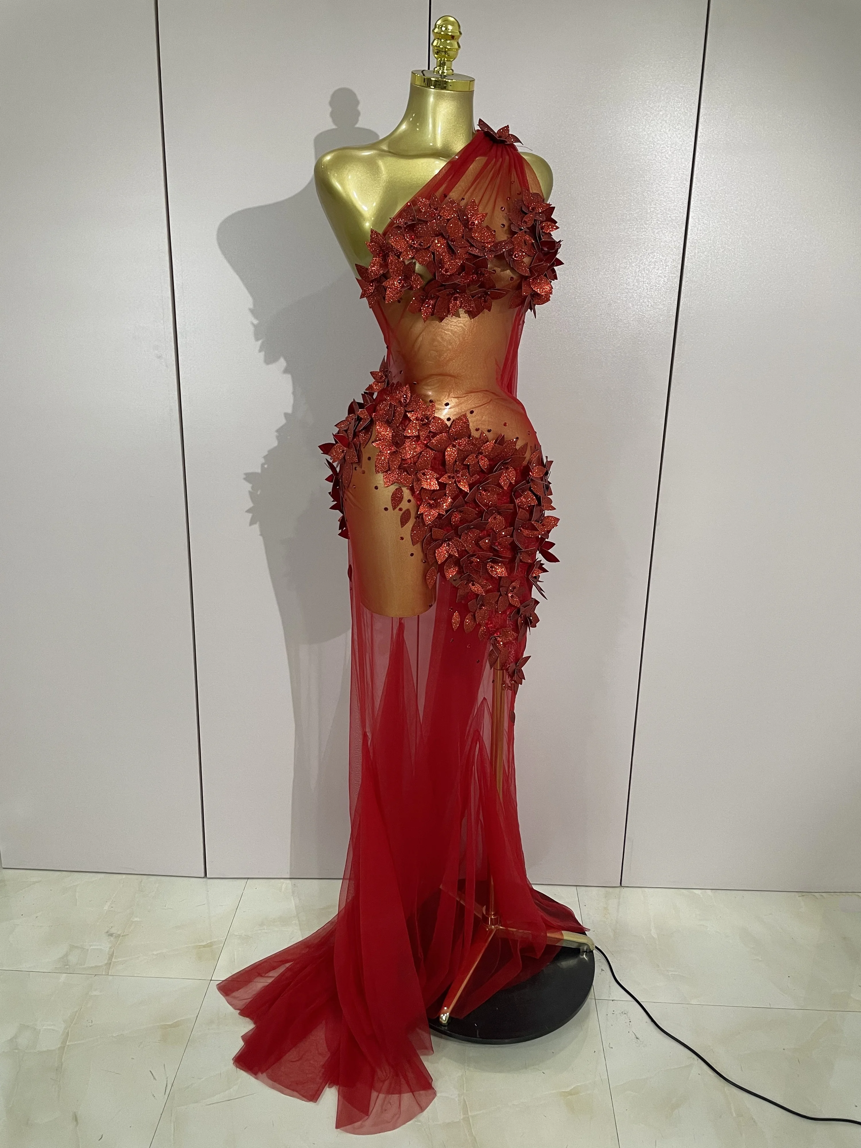 Sexy One Shoulder Shiny 3D Floral Mesh Transparent Maxi Dress 2025 Evening Party Birthday Wedding NightClub Bar Stage Costumes