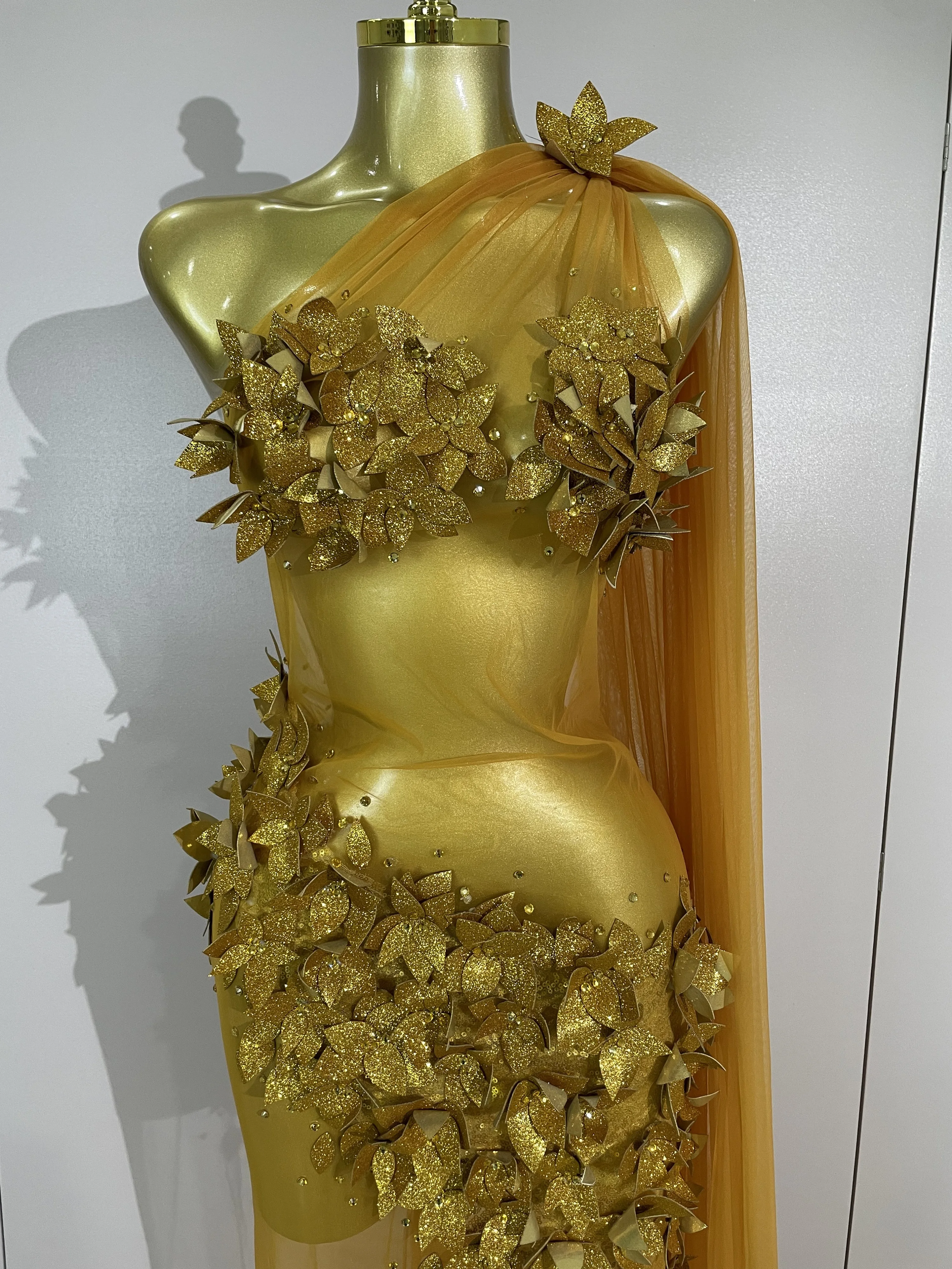 Sexy One Shoulder Shiny 3D Floral Mesh Transparent Maxi Dress 2025 Evening Party Birthday Wedding NightClub Bar Stage Costumes