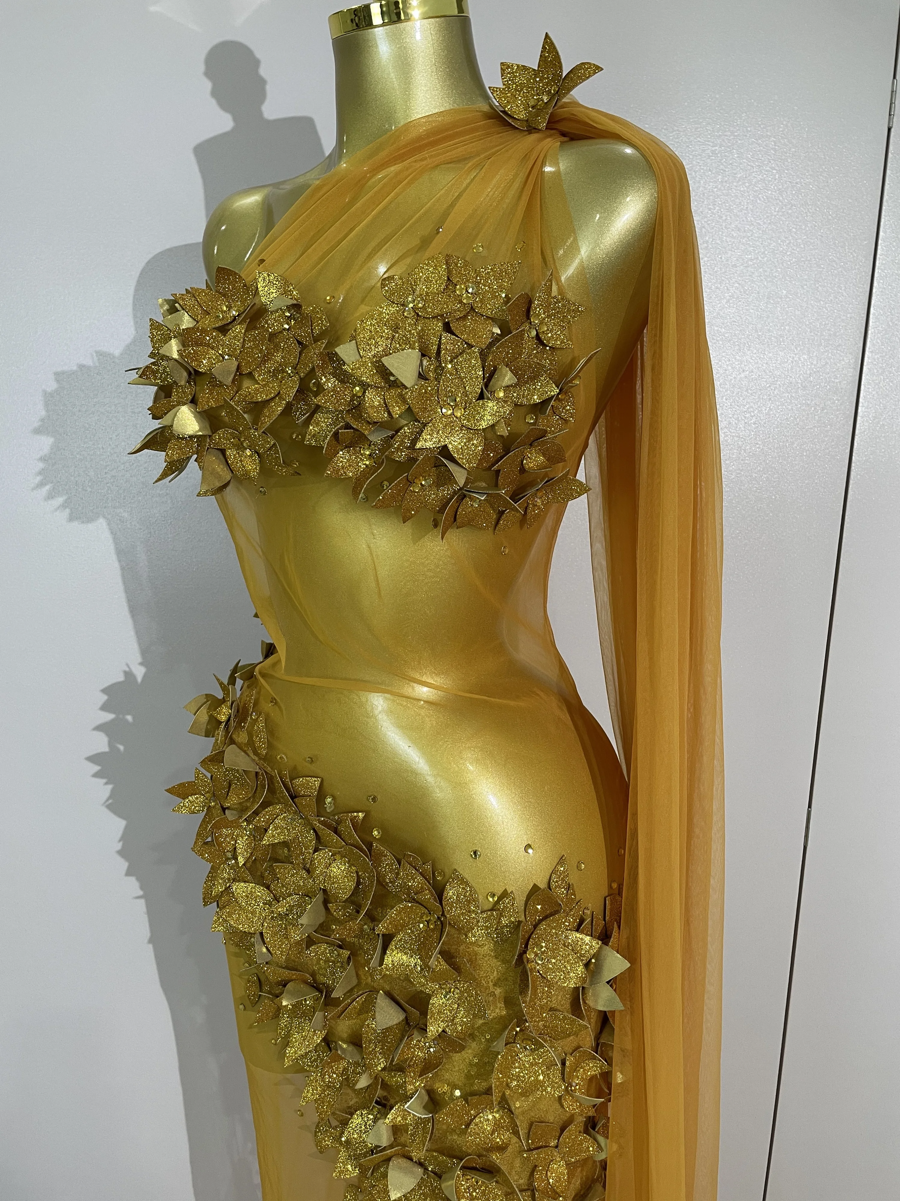 Sexy One Shoulder Shiny 3D Floral Mesh Transparent Maxi Dress 2025 Evening Party Birthday Wedding NightClub Bar Stage Costumes