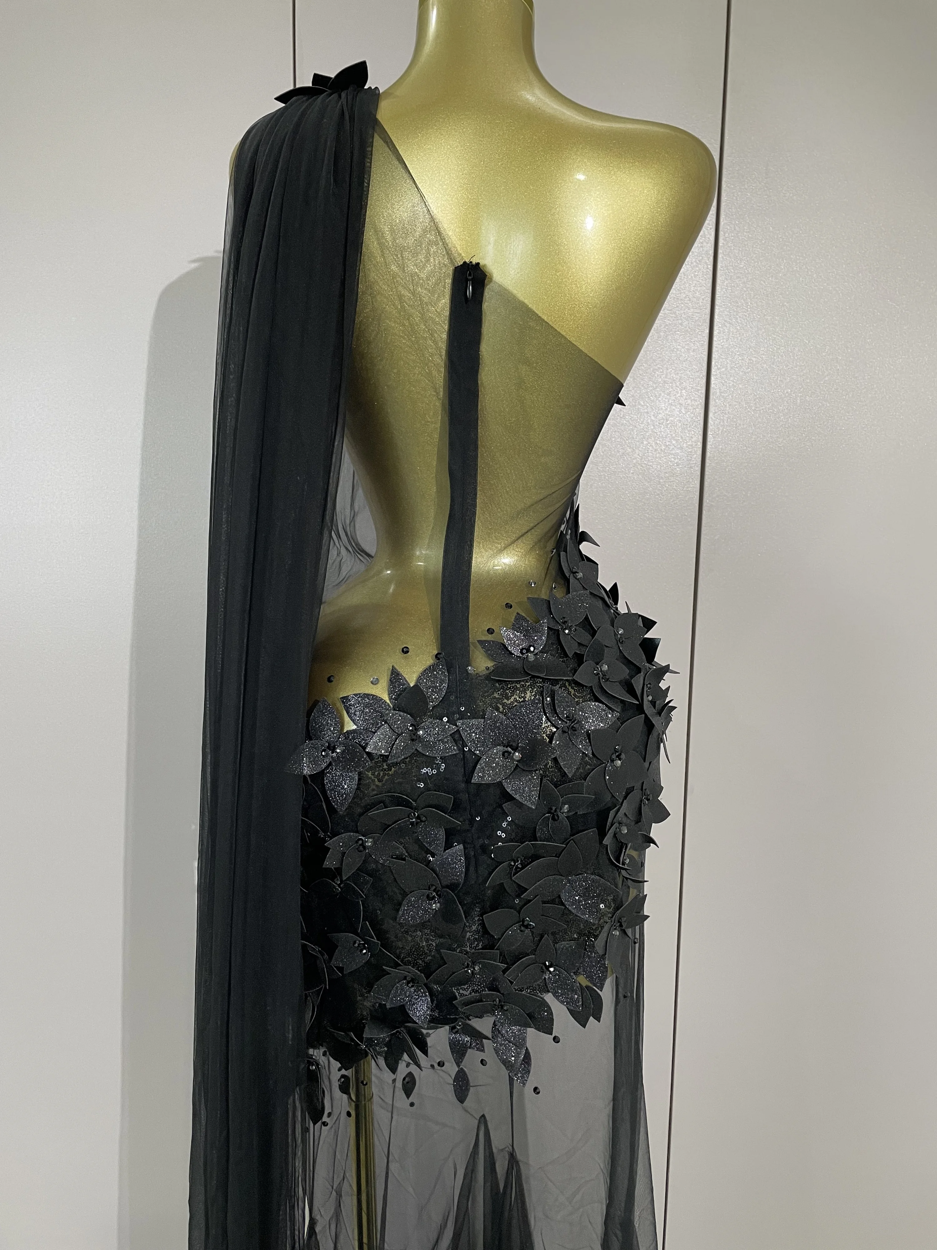 Sexy One Shoulder Shiny 3D Floral Mesh Transparent Maxi Dress 2025 Evening Party Birthday Wedding NightClub Bar Stage Costumes