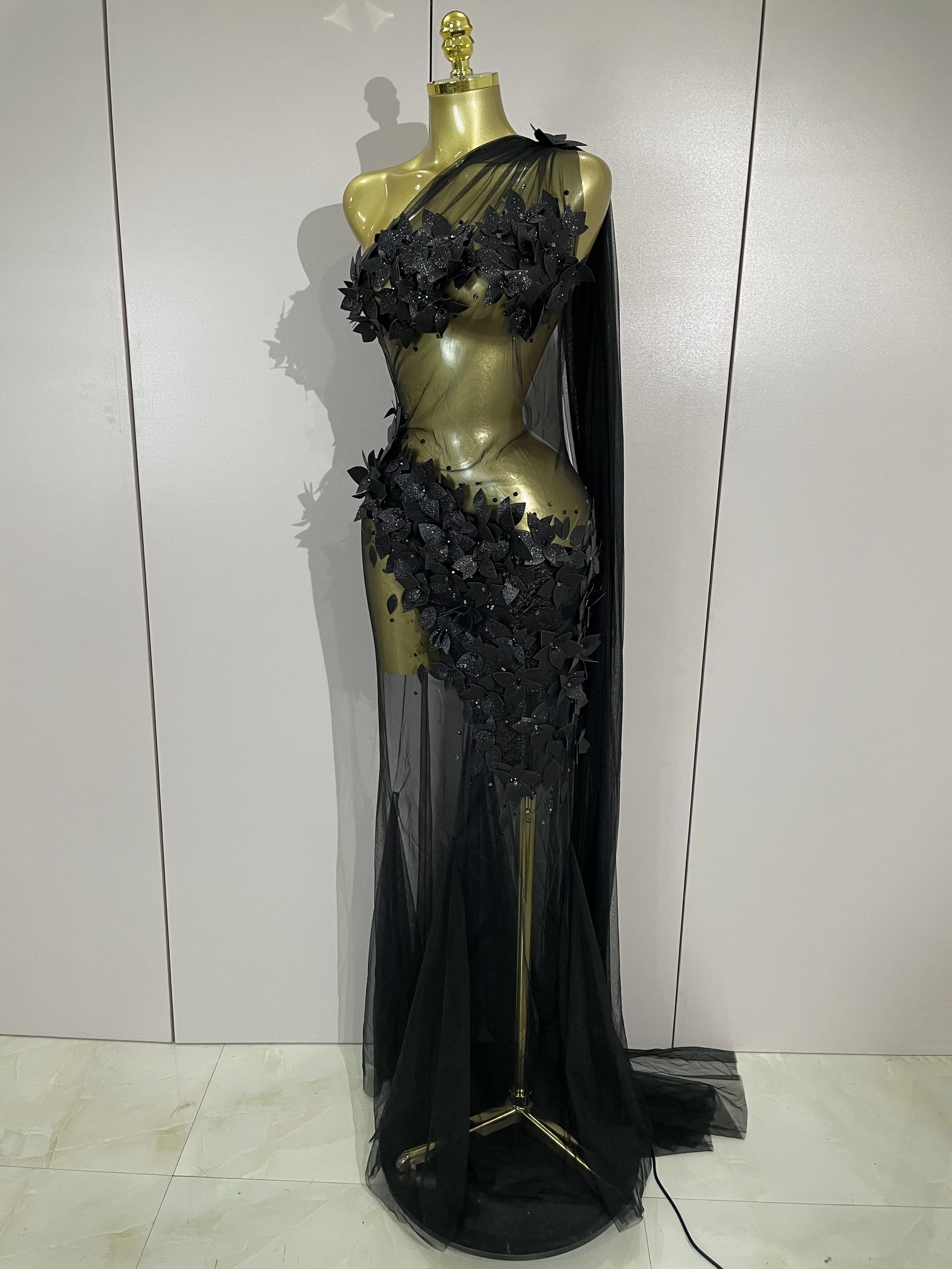 Sexy One Shoulder Shiny 3D Floral Mesh Transparent Maxi Dress 2025 Evening Party Birthday Wedding NightClub Bar Stage Costumes