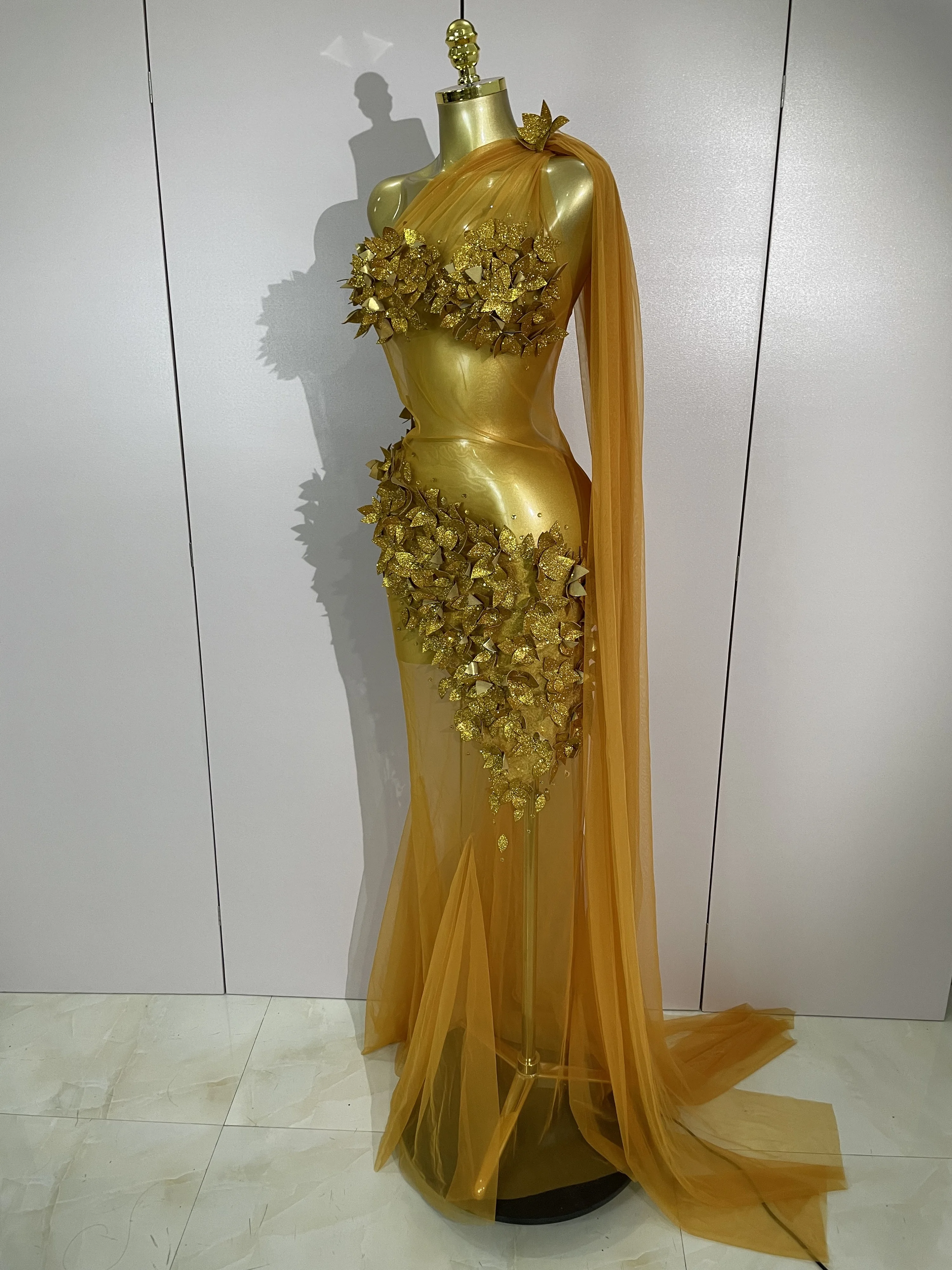 Sexy One Shoulder Shiny 3D Floral Mesh Transparent Maxi Dress 2025 Evening Party Birthday Wedding NightClub Bar Stage Costumes