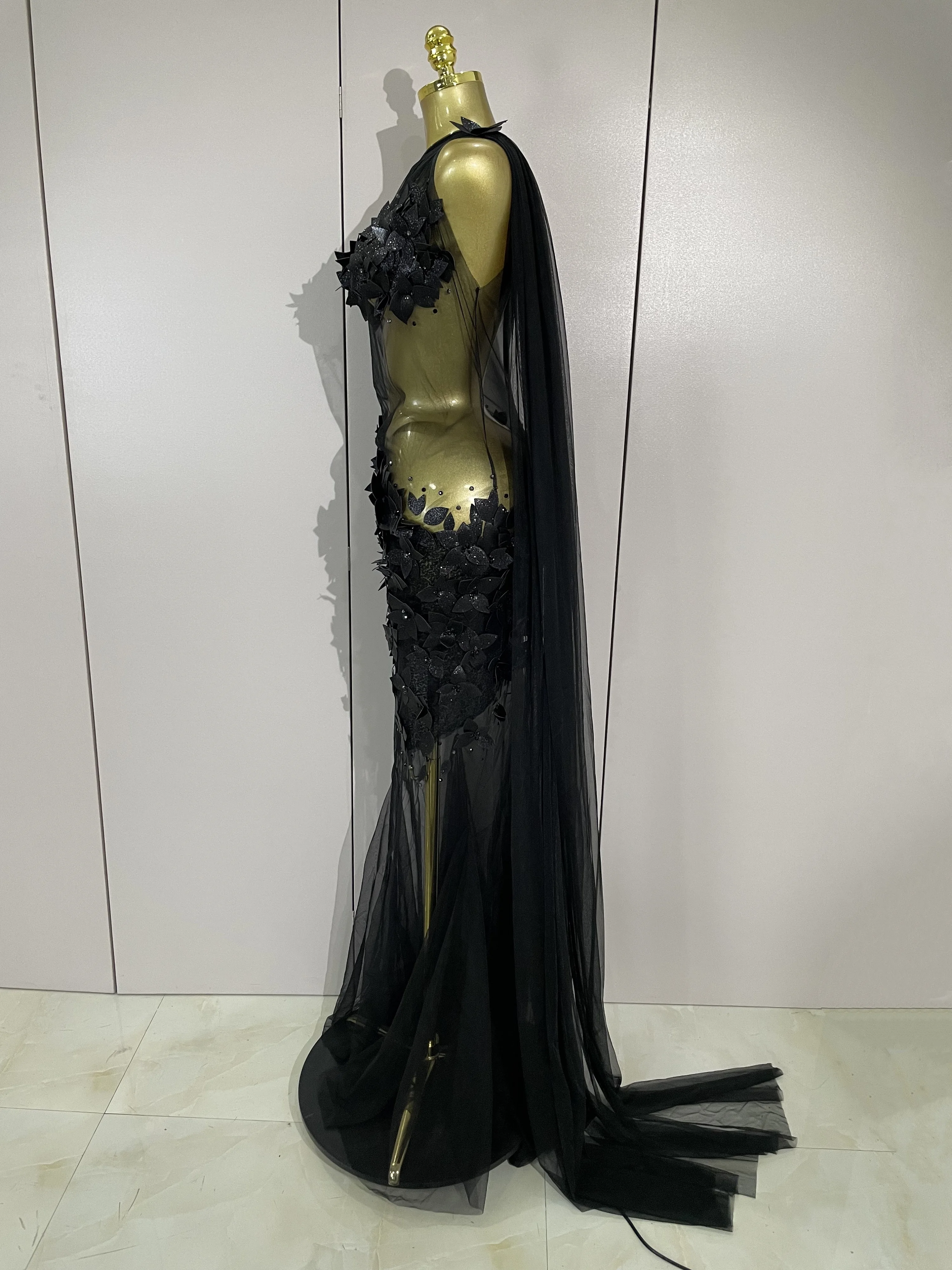 Sexy One Shoulder Shiny 3D Floral Mesh Transparent Maxi Dress 2025 Evening Party Birthday Wedding NightClub Bar Stage Costumes