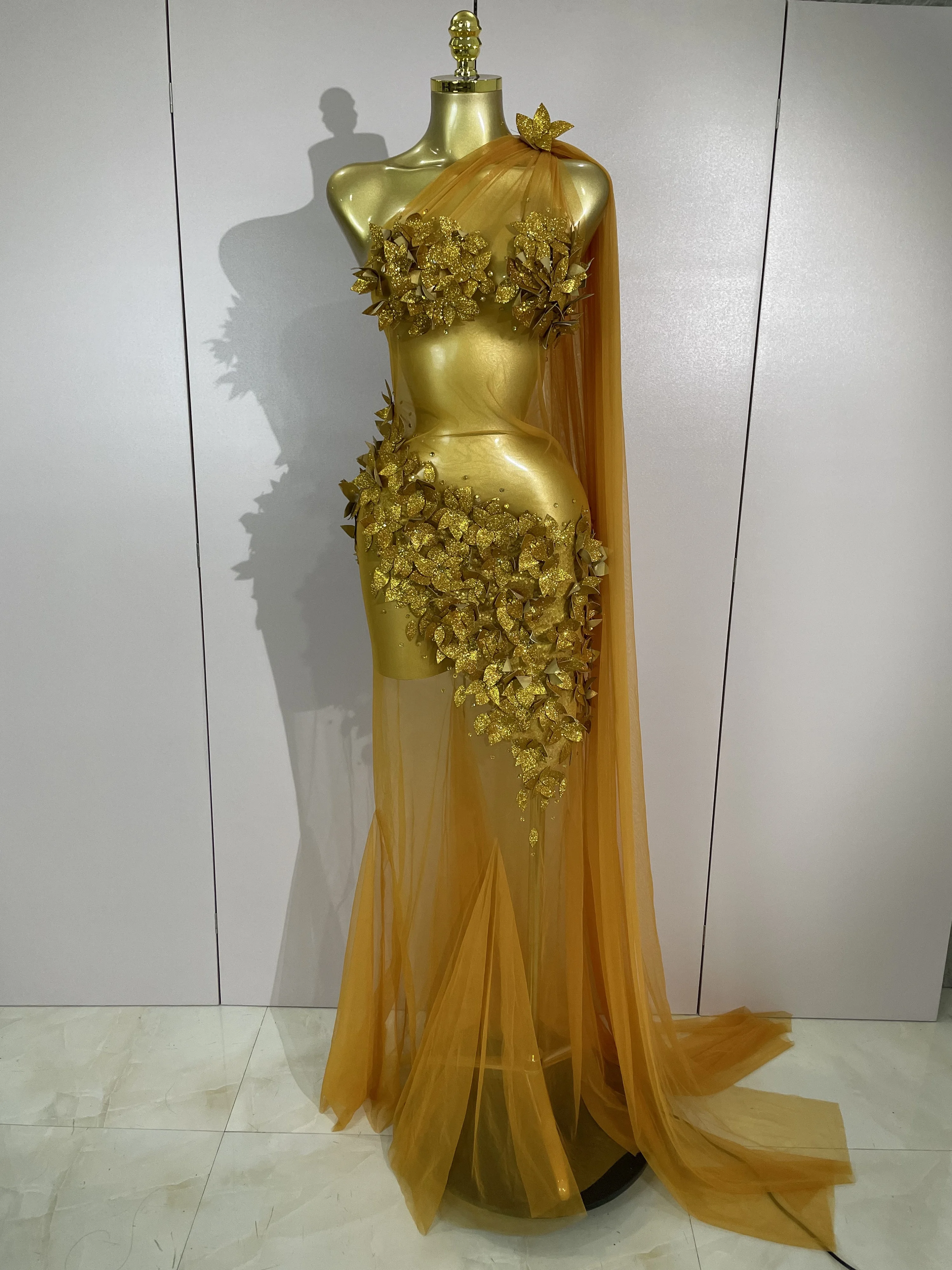 Sexy One Shoulder Shiny 3D Floral Mesh Transparent Maxi Dress 2025 Evening Party Birthday Wedding NightClub Bar Stage Costumes