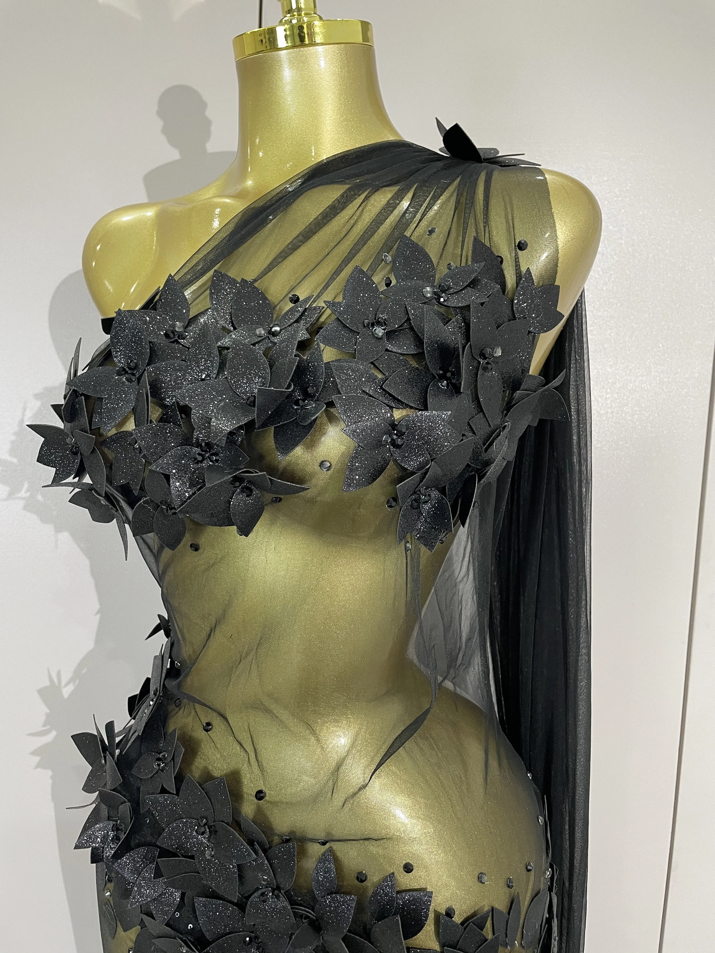 Sexy One Shoulder Shiny 3D Floral Mesh Transparent Maxi Dress 2025 Evening Party Birthday Wedding NightClub Bar Stage Costumes
