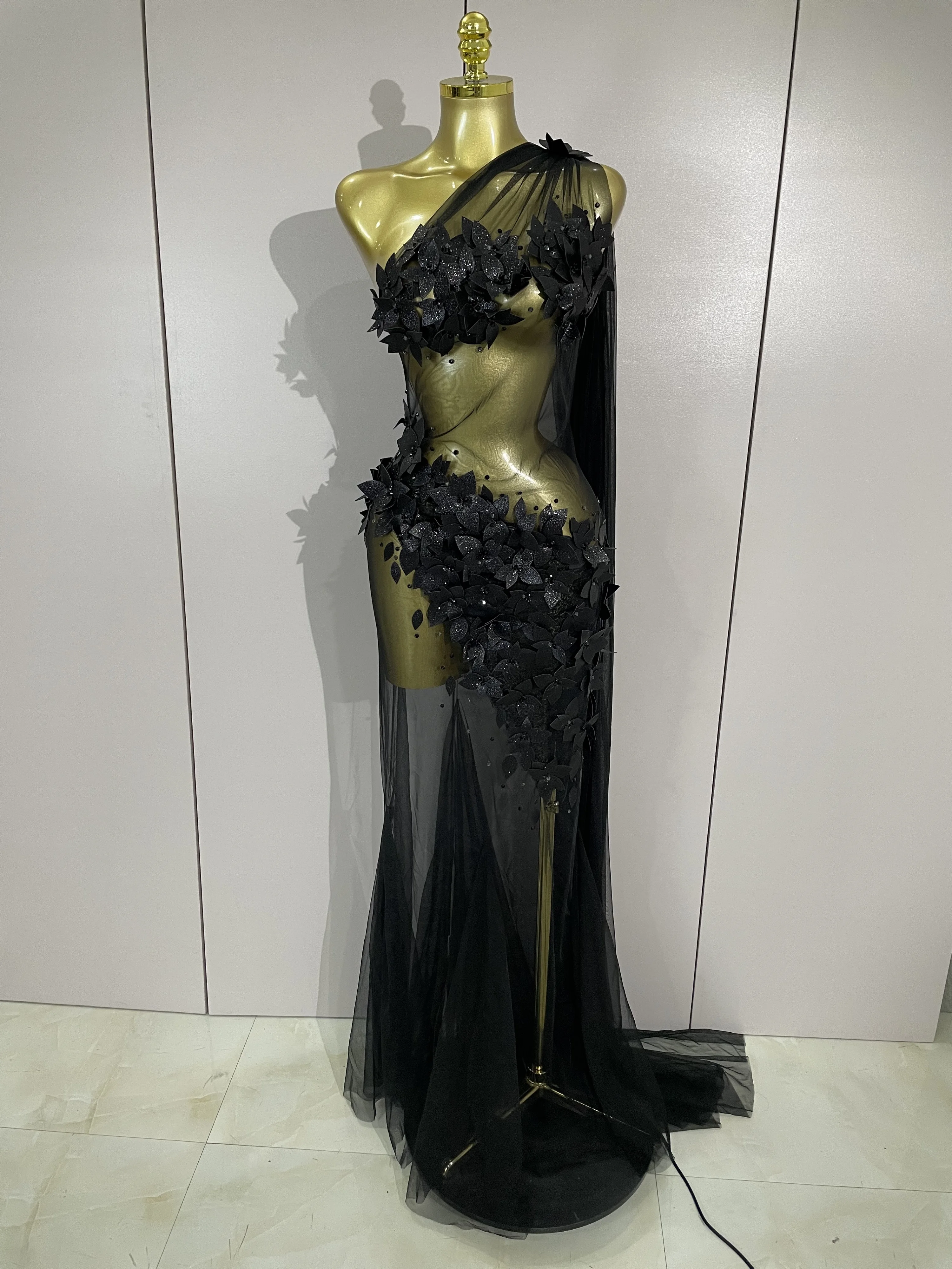 Sexy One Shoulder Shiny 3D Floral Mesh Transparent Maxi Dress 2025 Evening Party Birthday Wedding NightClub Bar Stage Costumes