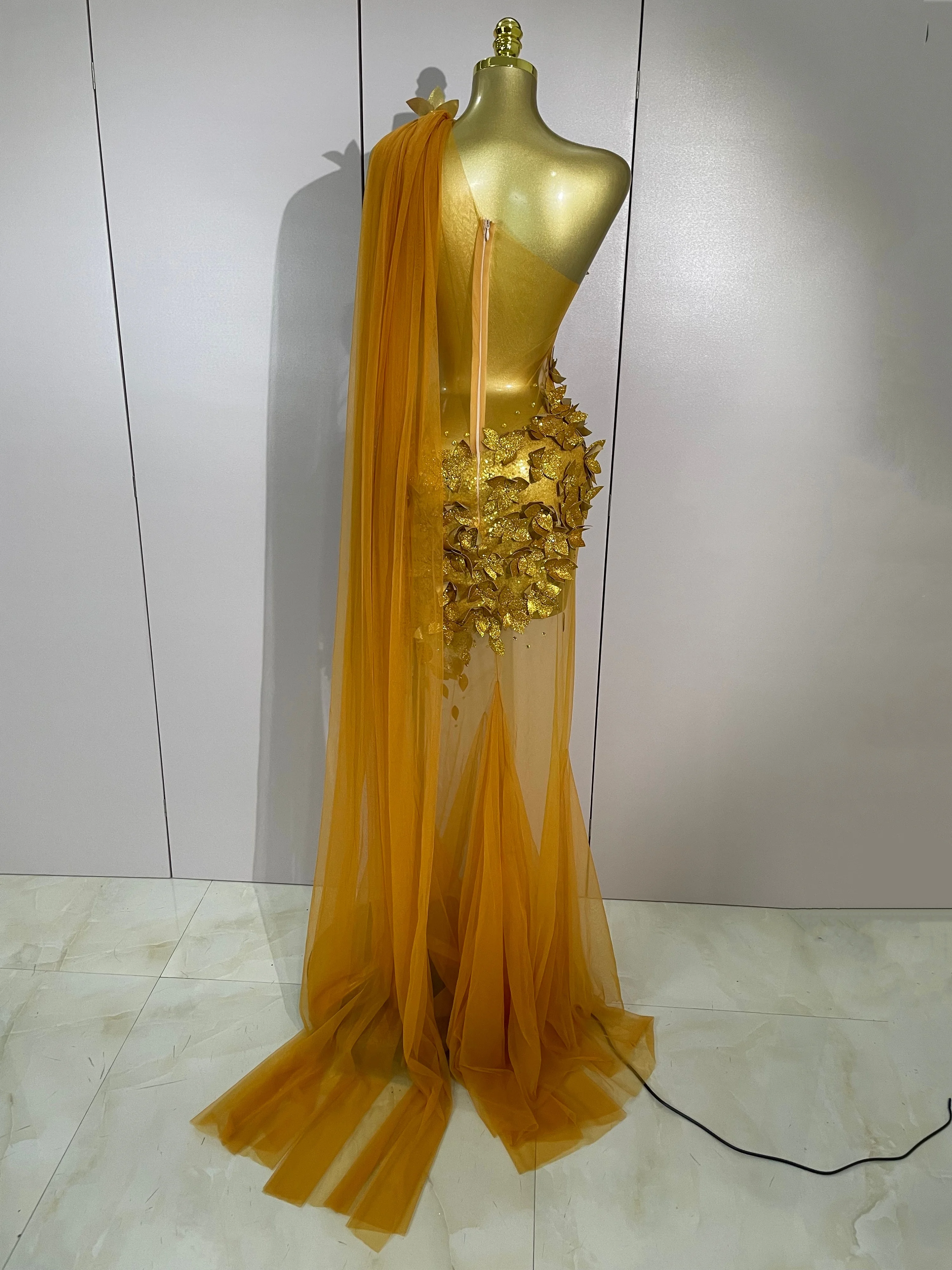 Sexy One Shoulder Shiny 3D Floral Mesh Transparent Maxi Dress 2025 Evening Party Birthday Wedding NightClub Bar Stage Costumes