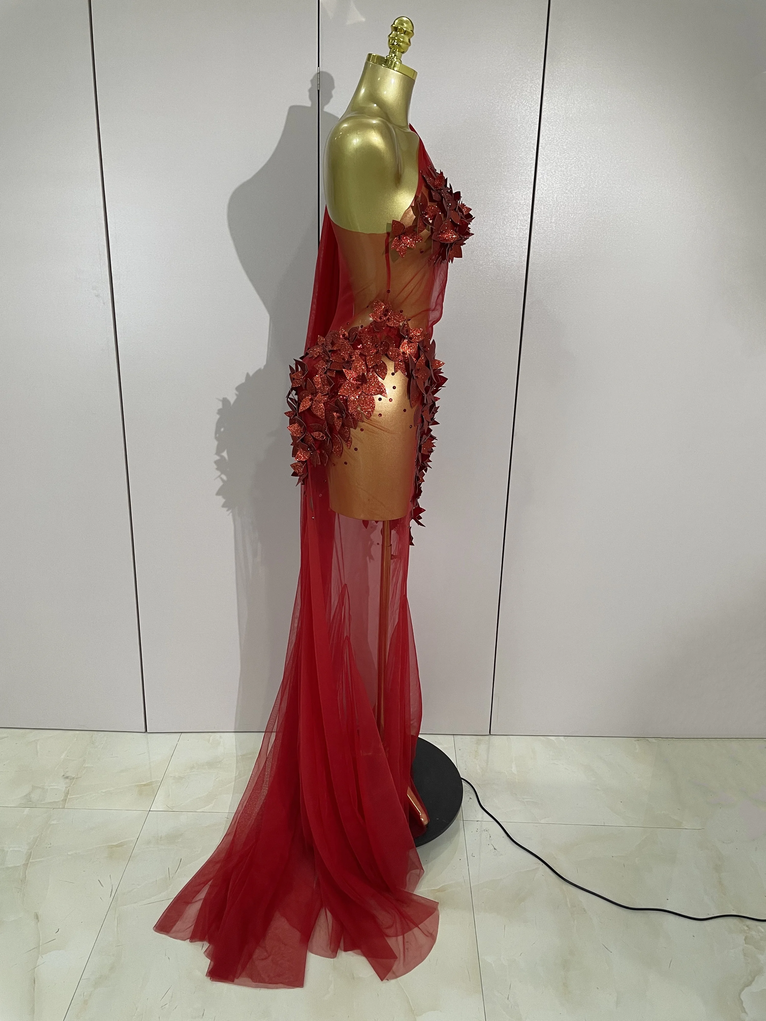 Sexy One Shoulder Shiny 3D Floral Mesh Transparent Maxi Dress 2025 Evening Party Birthday Wedding NightClub Bar Stage Costumes