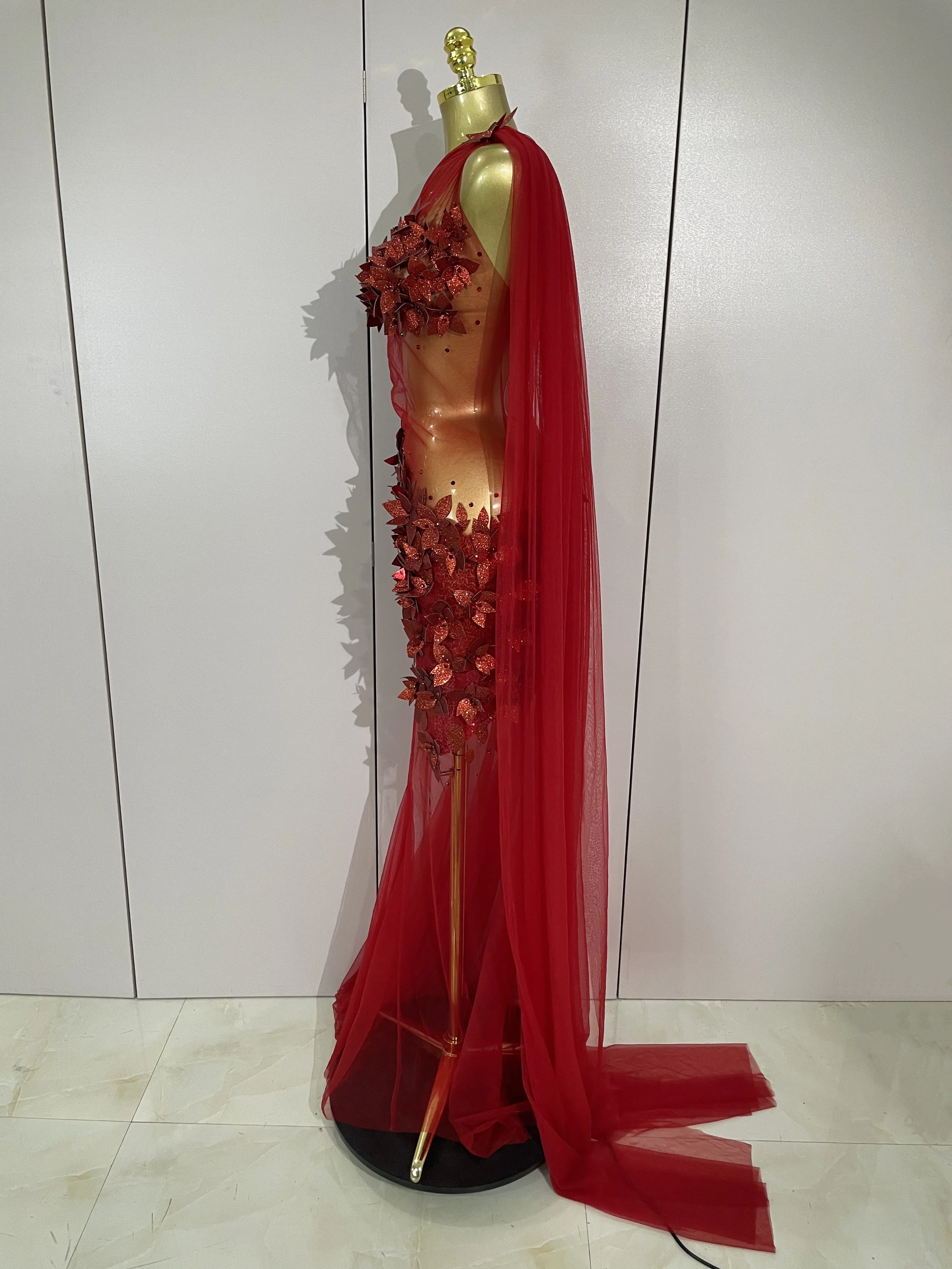 Sexy One Shoulder Shiny 3D Floral Mesh Transparent Maxi Dress 2025 Evening Party Birthday Wedding NightClub Bar Stage Costumes