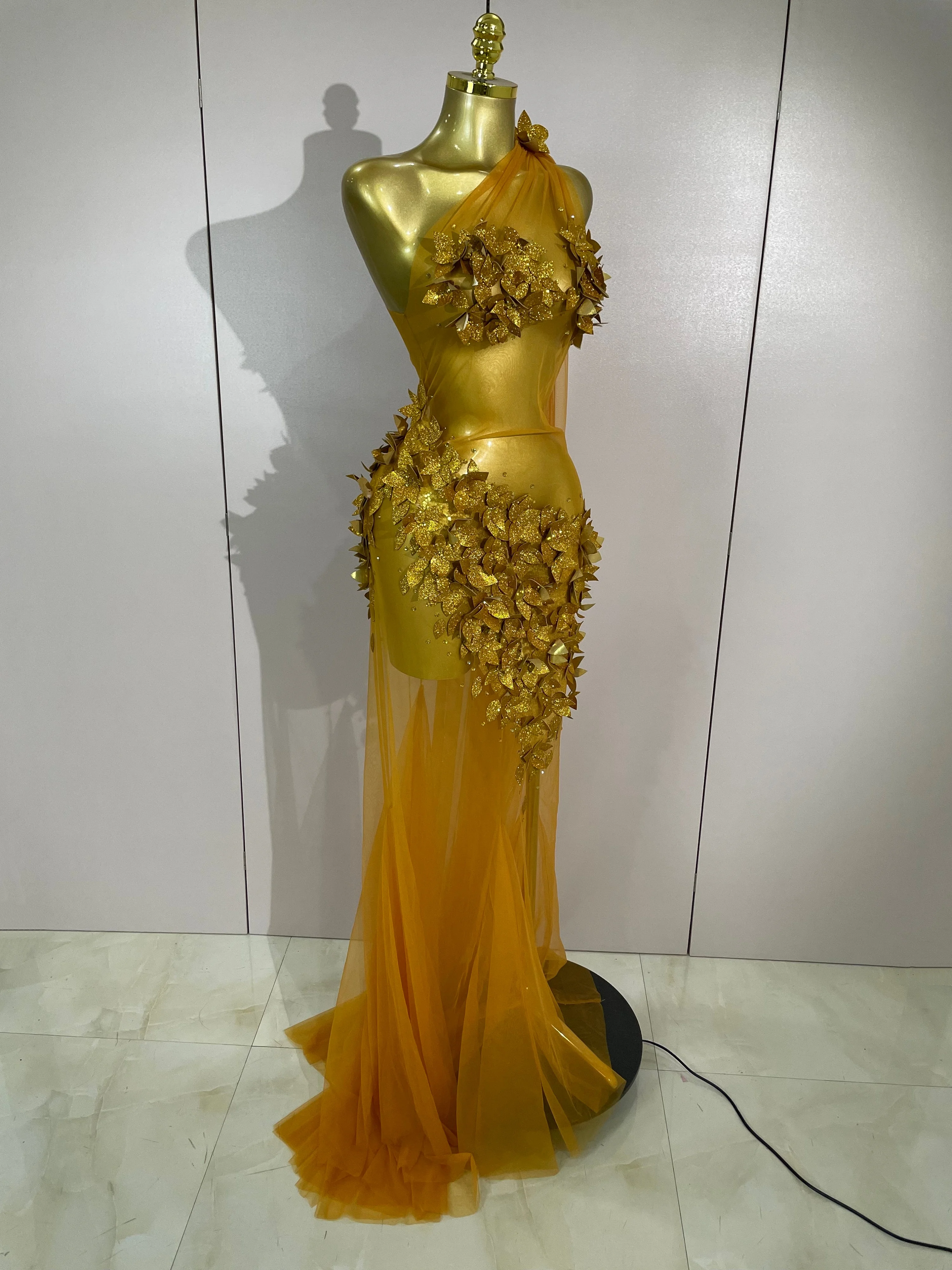 Sexy One Shoulder Shiny 3D Floral Mesh Transparent Maxi Dress 2025 Evening Party Birthday Wedding NightClub Bar Stage Costumes