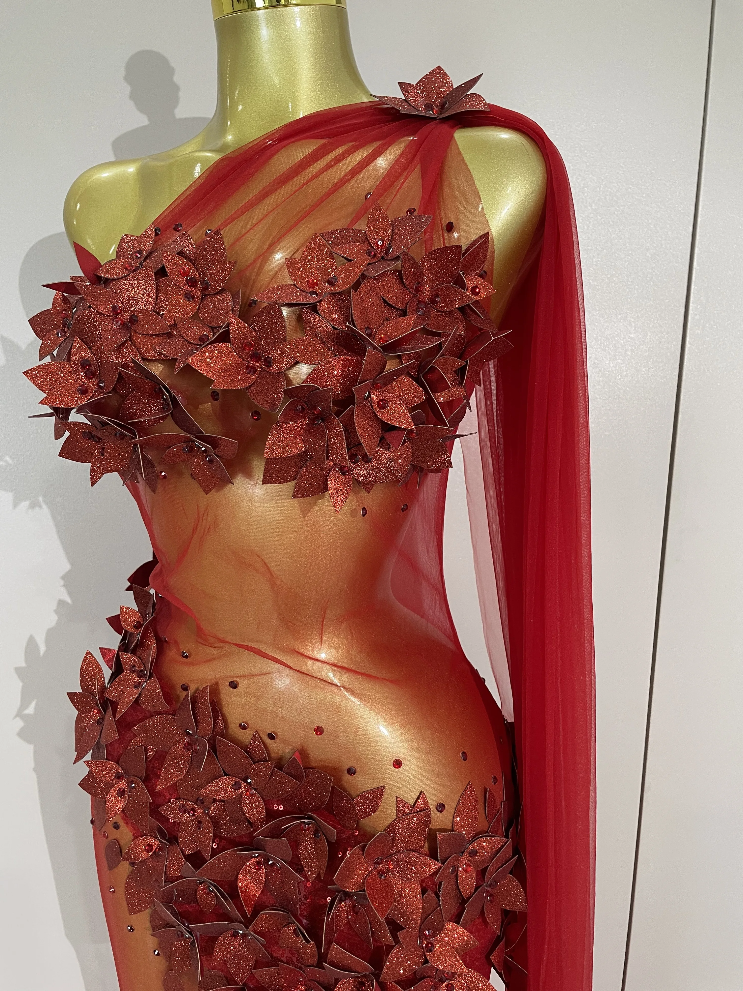 Sexy One Shoulder Shiny 3D Floral Mesh Transparent Maxi Dress 2025 Evening Party Birthday Wedding NightClub Bar Stage Costumes