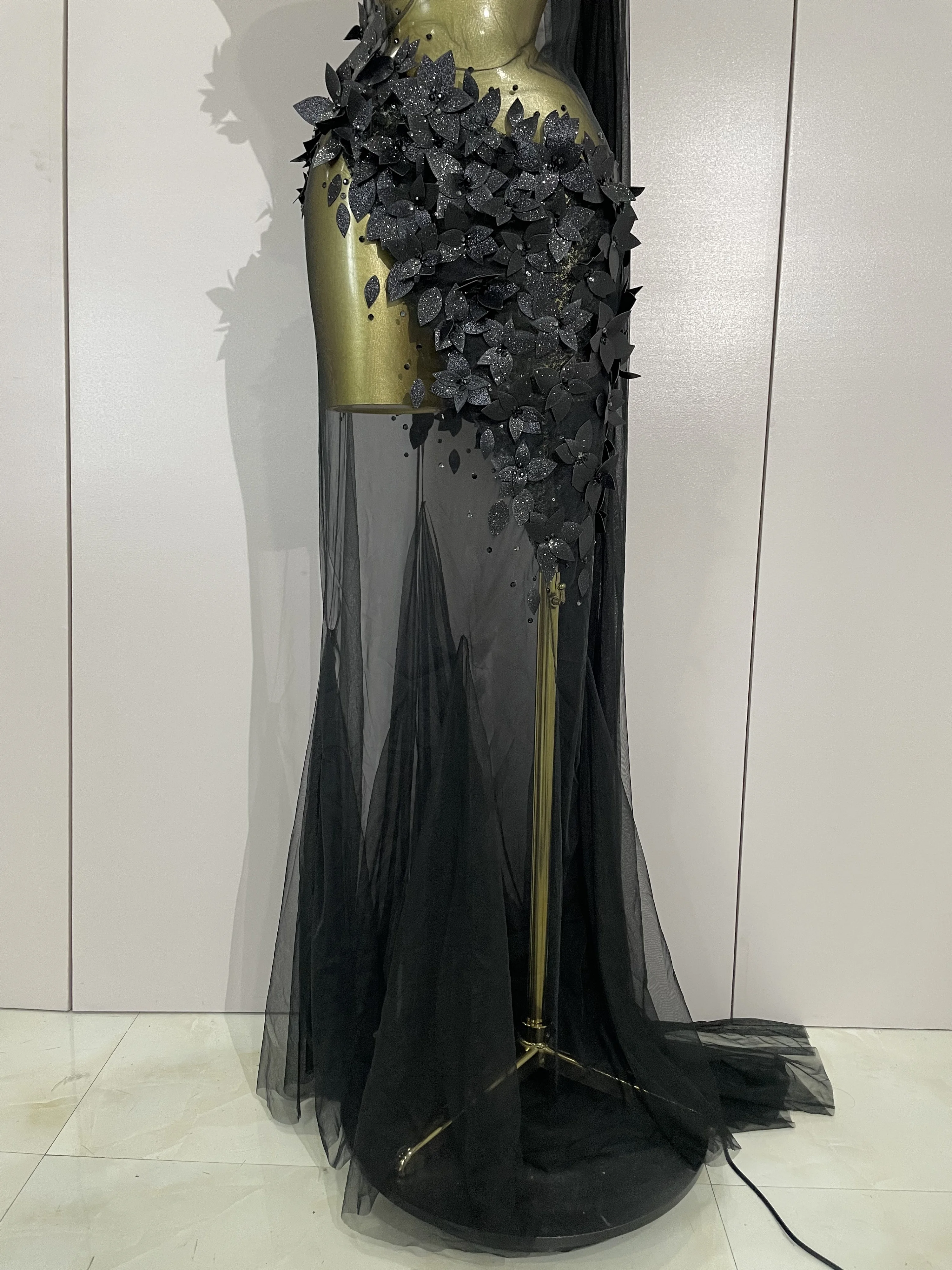 Sexy One Shoulder Shiny 3D Floral Mesh Transparent Maxi Dress 2025 Evening Party Birthday Wedding NightClub Bar Stage Costumes