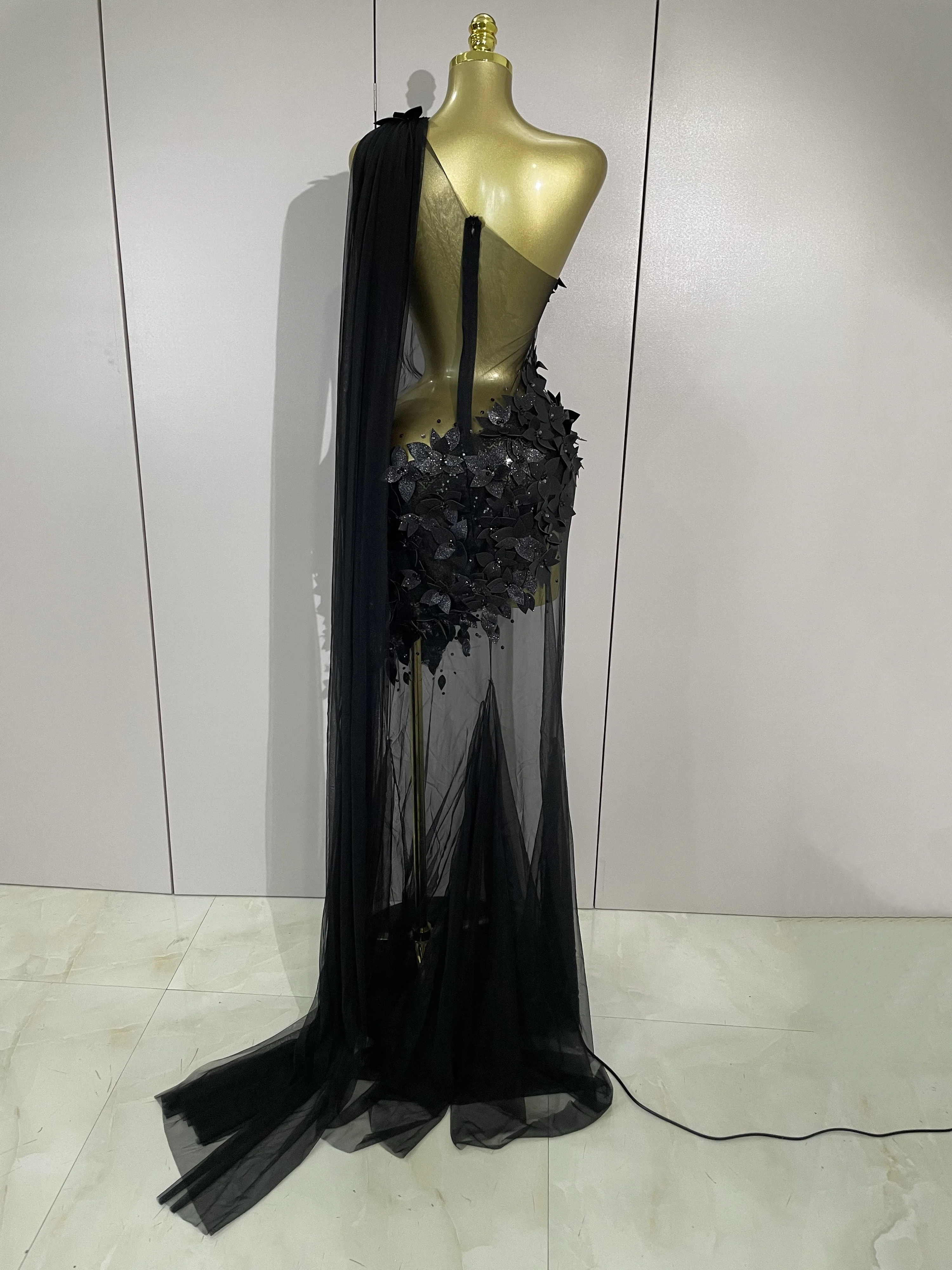 Sexy One Shoulder Shiny 3D Floral Mesh Transparent Maxi Dress 2025 Evening Party Birthday Wedding NightClub Bar Stage Costumes