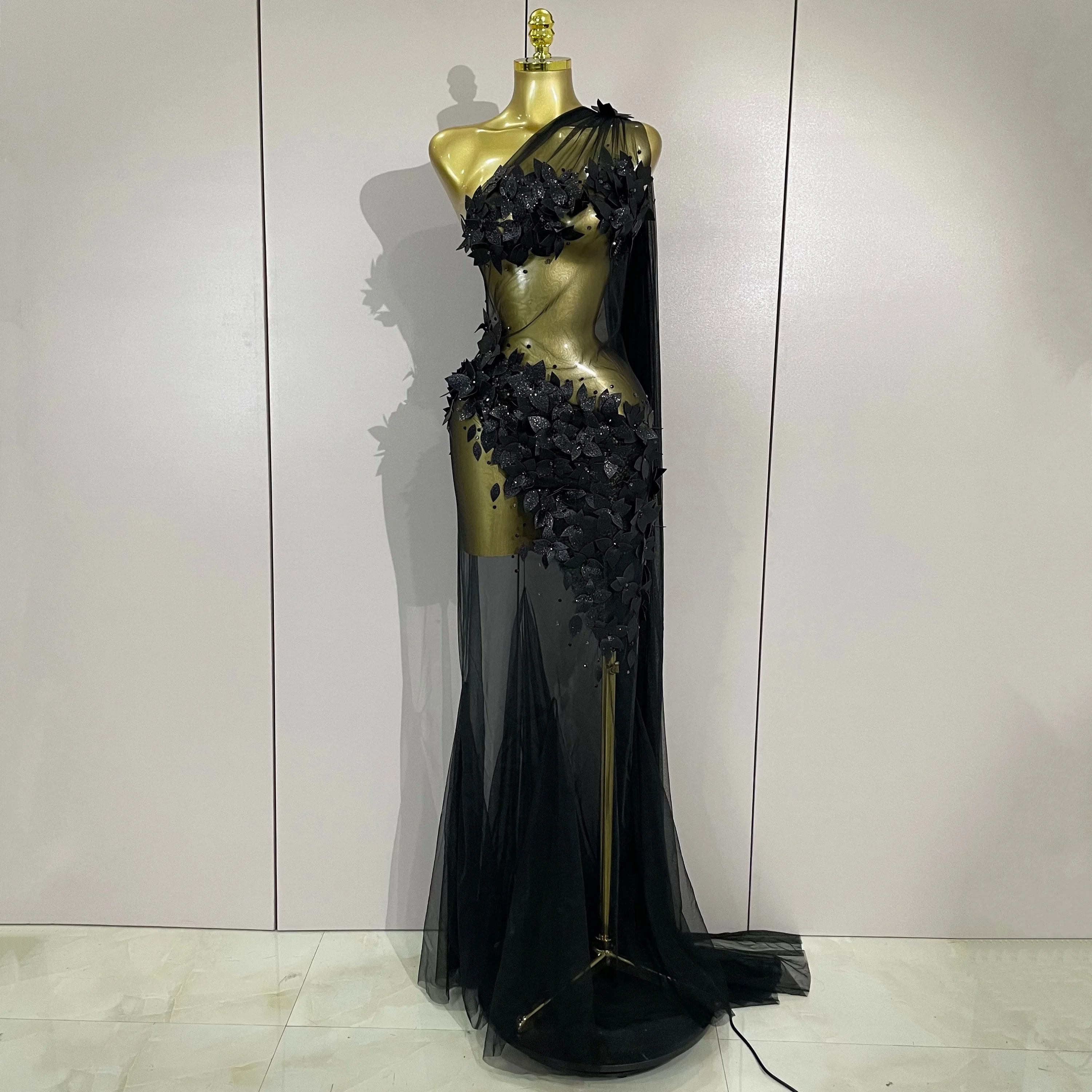 Sexy One Shoulder Shiny 3D Floral Mesh Transparent Maxi Dress 2025 Evening Party Birthday Wedding NightClub Bar Stage Costumes