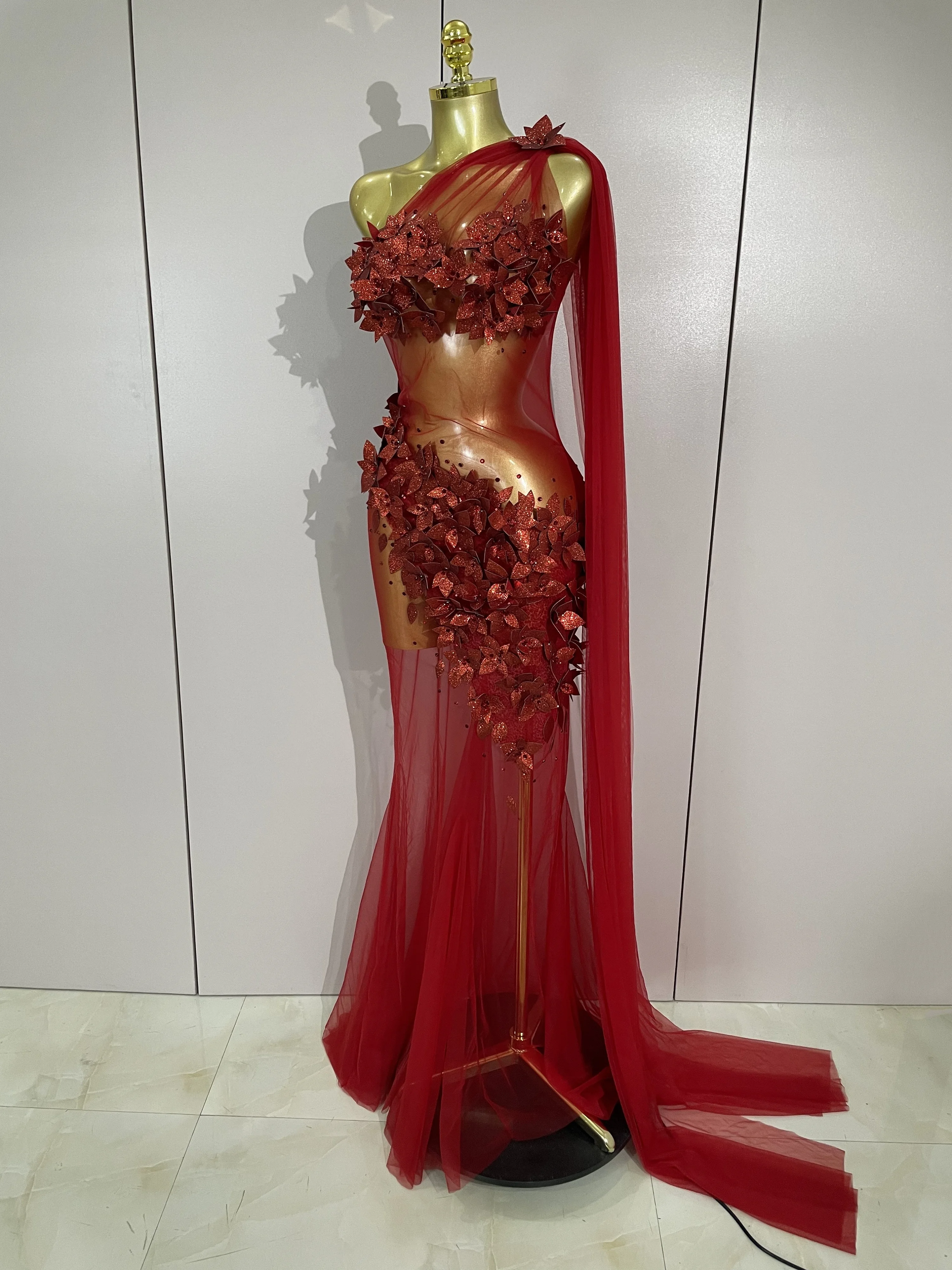 Sexy One Shoulder Shiny 3D Floral Mesh Transparent Maxi Dress 2025 Evening Party Birthday Wedding NightClub Bar Stage Costumes