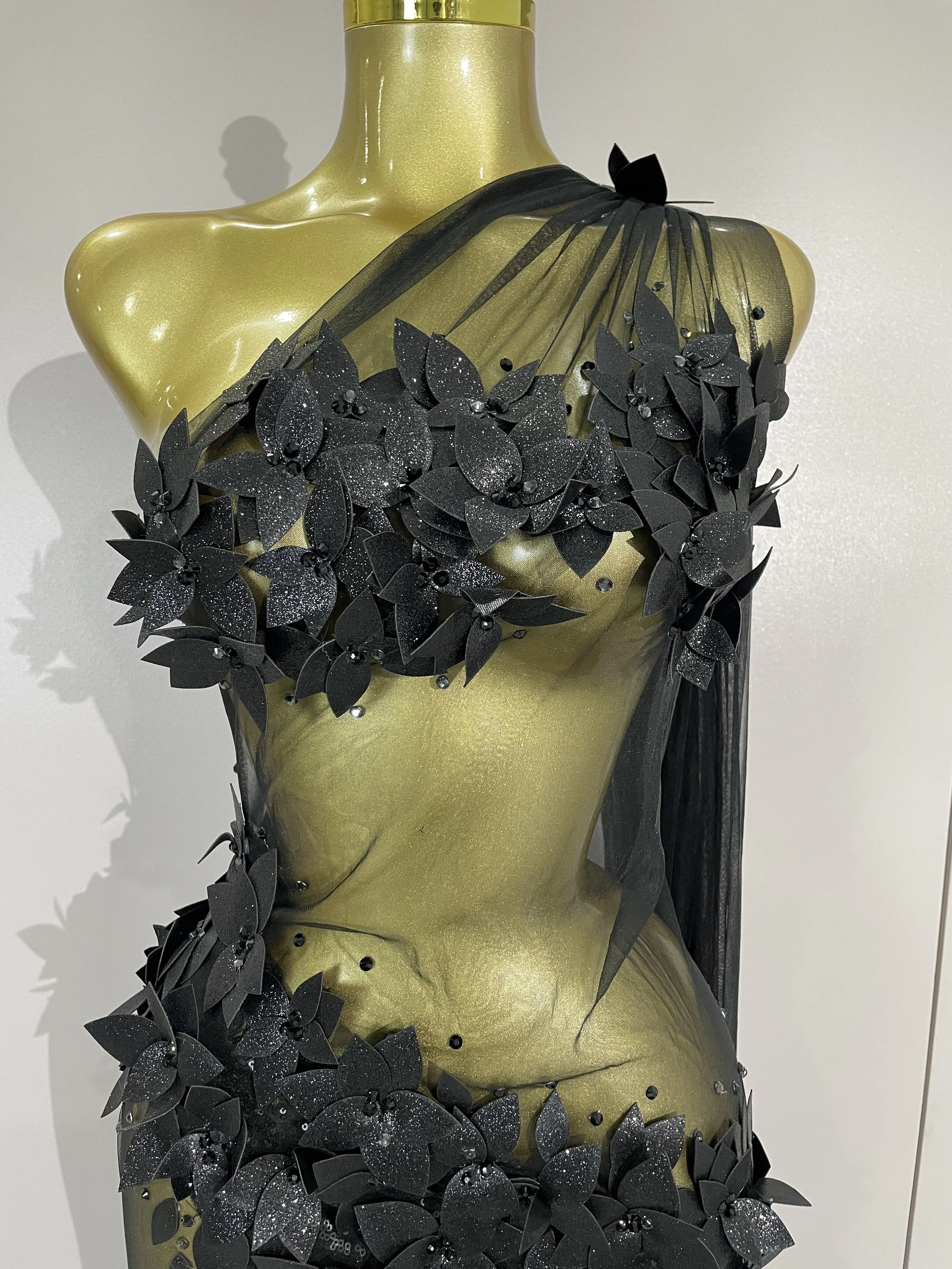 Sexy One Shoulder Shiny 3D Floral Mesh Transparent Maxi Dress 2025 Evening Party Birthday Wedding NightClub Bar Stage Costumes