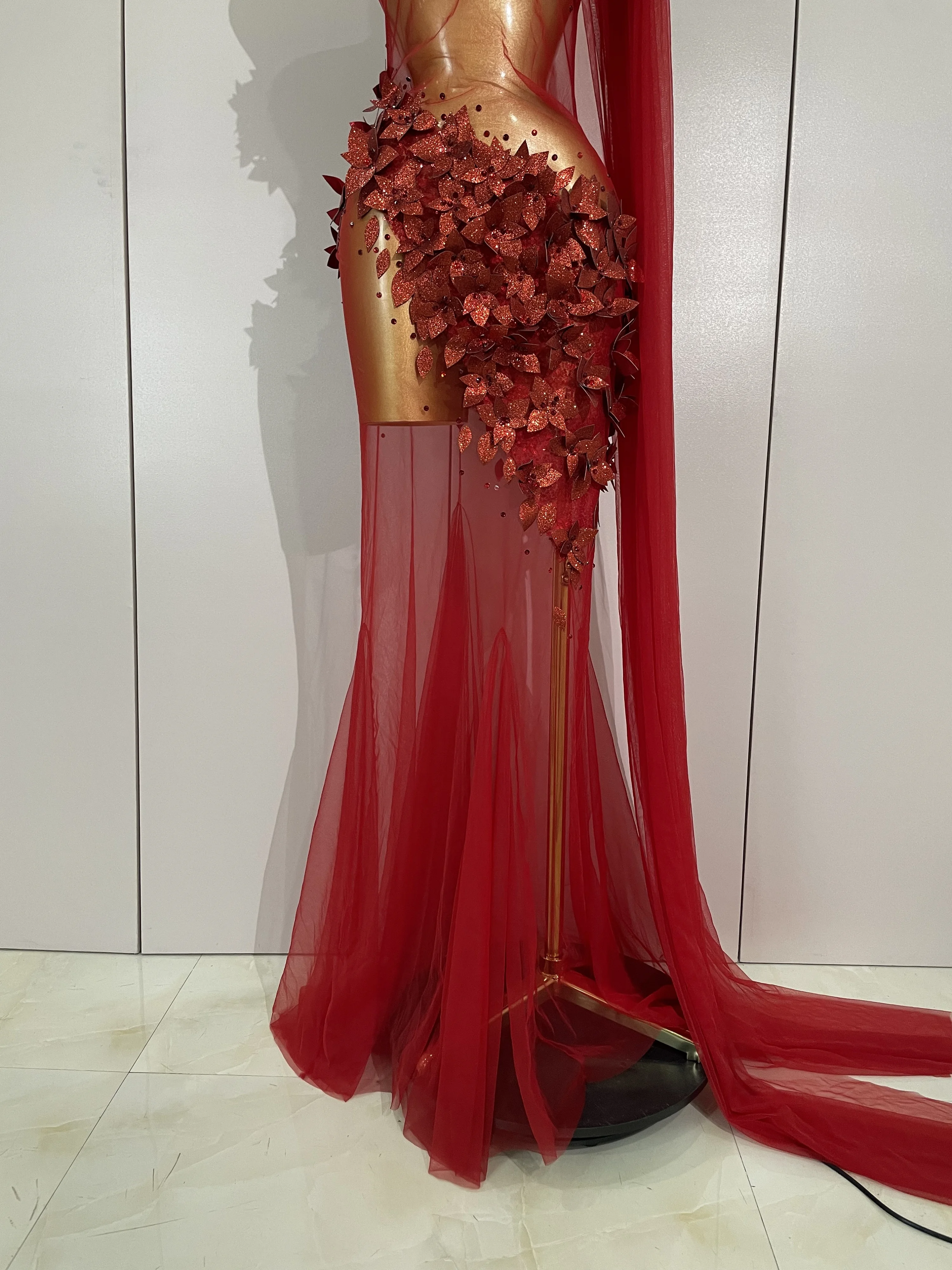 Sexy One Shoulder Shiny 3D Floral Mesh Transparent Maxi Dress 2025 Evening Party Birthday Wedding NightClub Bar Stage Costumes