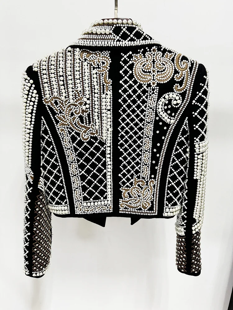 HIGH STREET Newest 2026 Stylish Designer Fashion Women's Luxurious Diamonds Pearls Embroidered Beaded Cropped Velvet Jacket