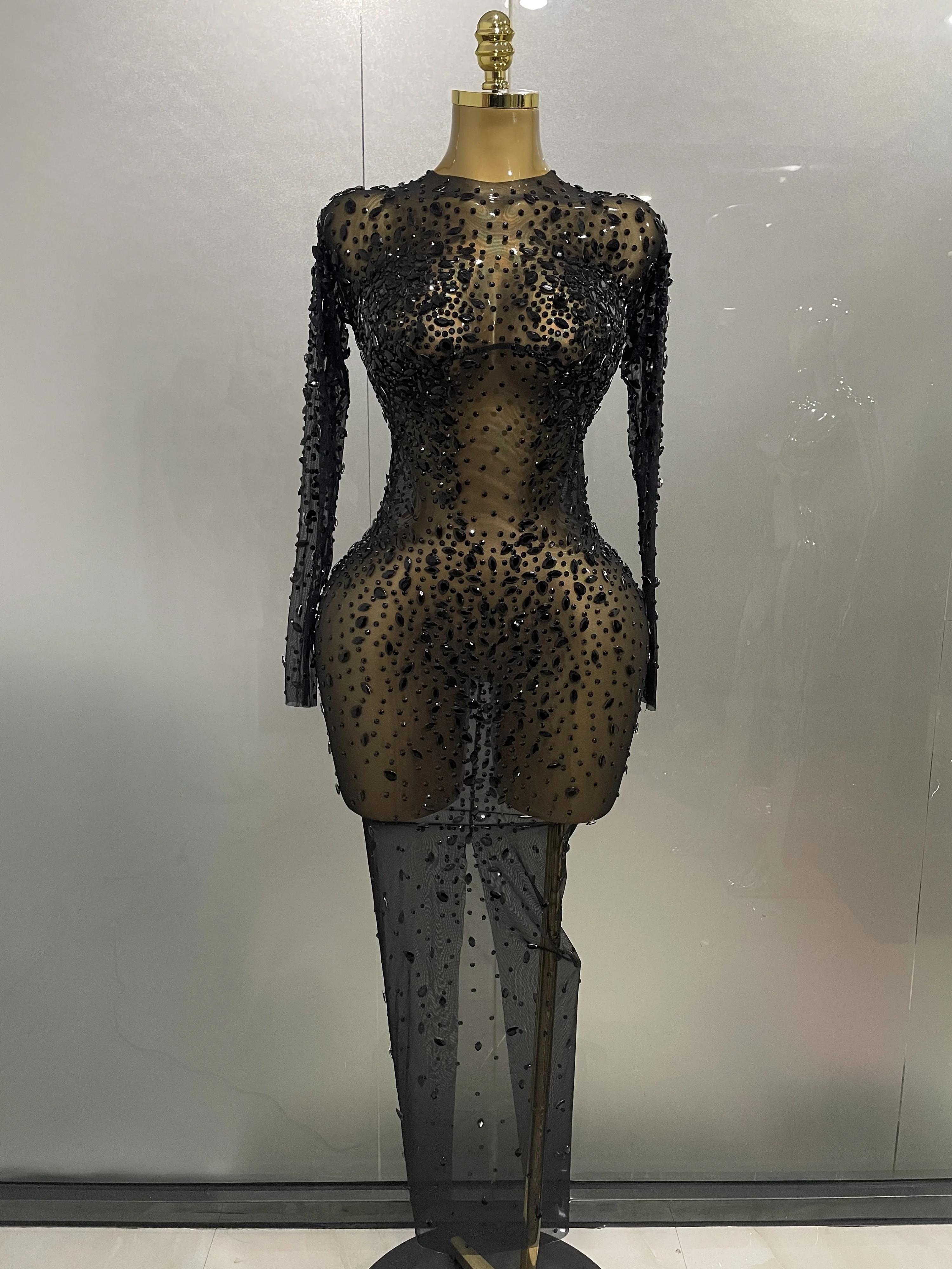 Sexy Shinny Rhinestone Stretch Mesh Transparent Long Dress 2025New Women Evening Birthday Party Prom Nightclub Singer Stage Wear