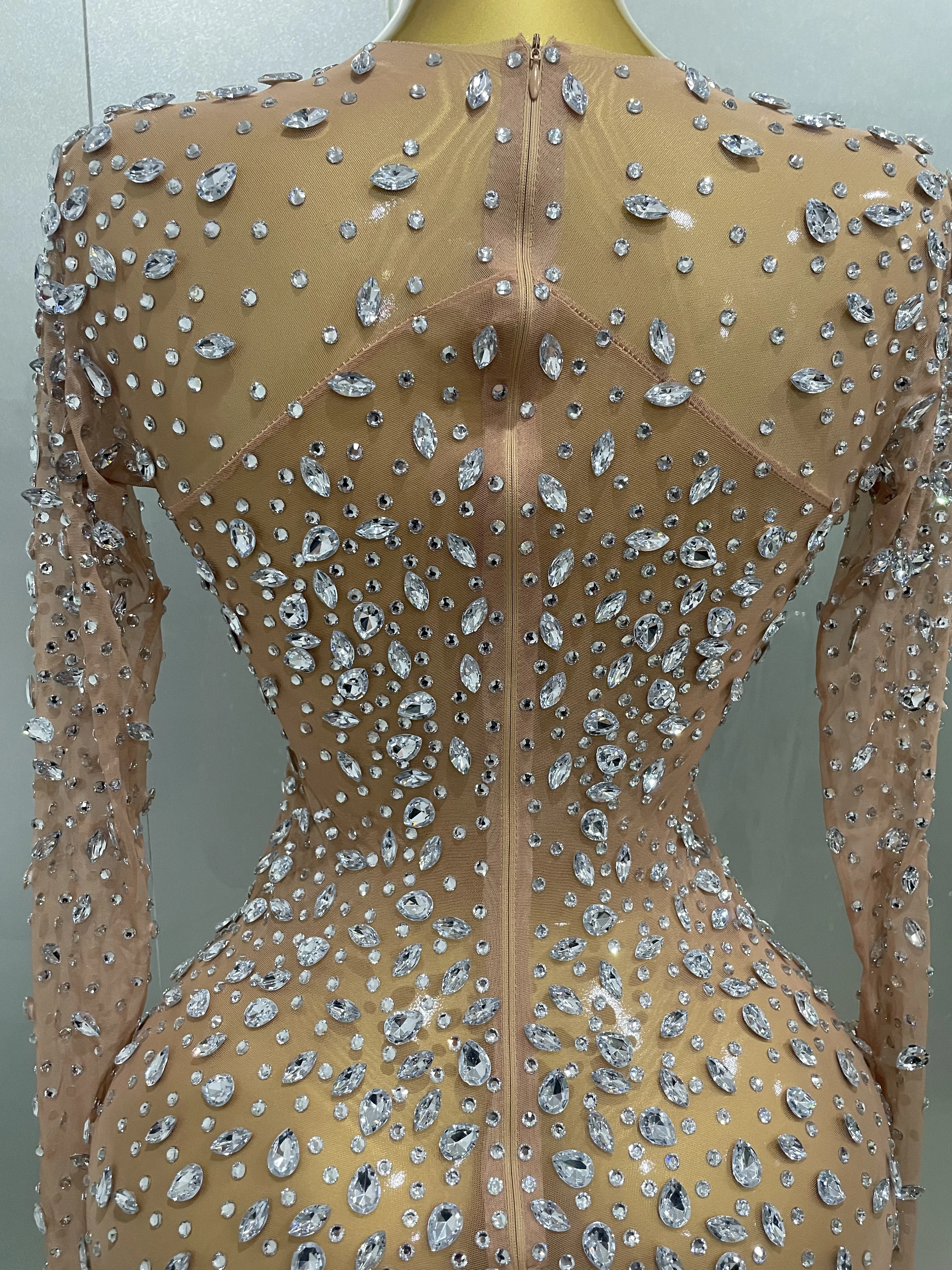 Sexy Shinny Rhinestone Stretch Mesh Transparent Long Dress 2025New Women Evening Birthday Party Prom Nightclub Singer Stage Wear