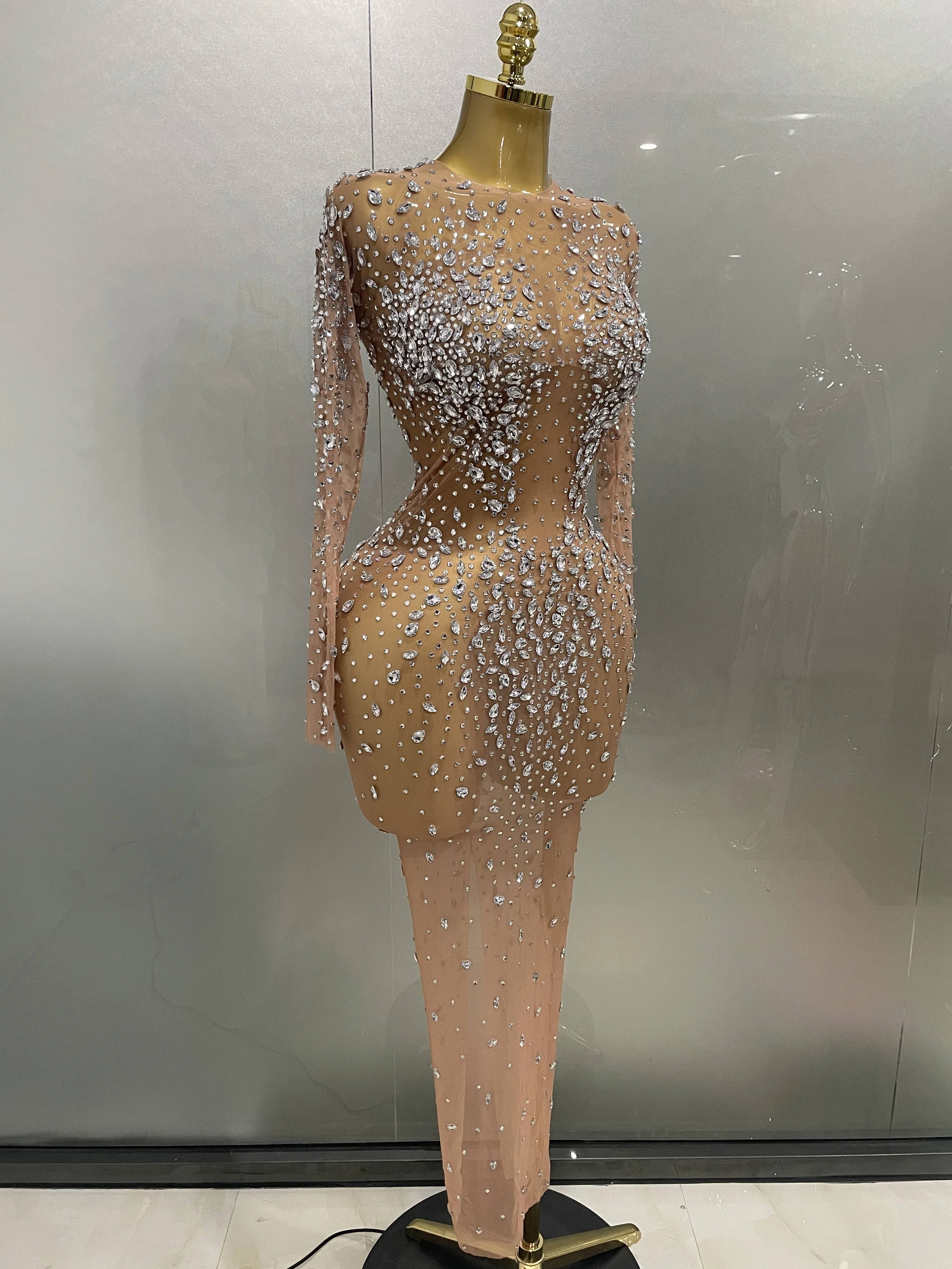 Sexy Shinny Rhinestone Stretch Mesh Transparent Long Dress 2025New Women Evening Birthday Party Prom Nightclub Singer Stage Wear