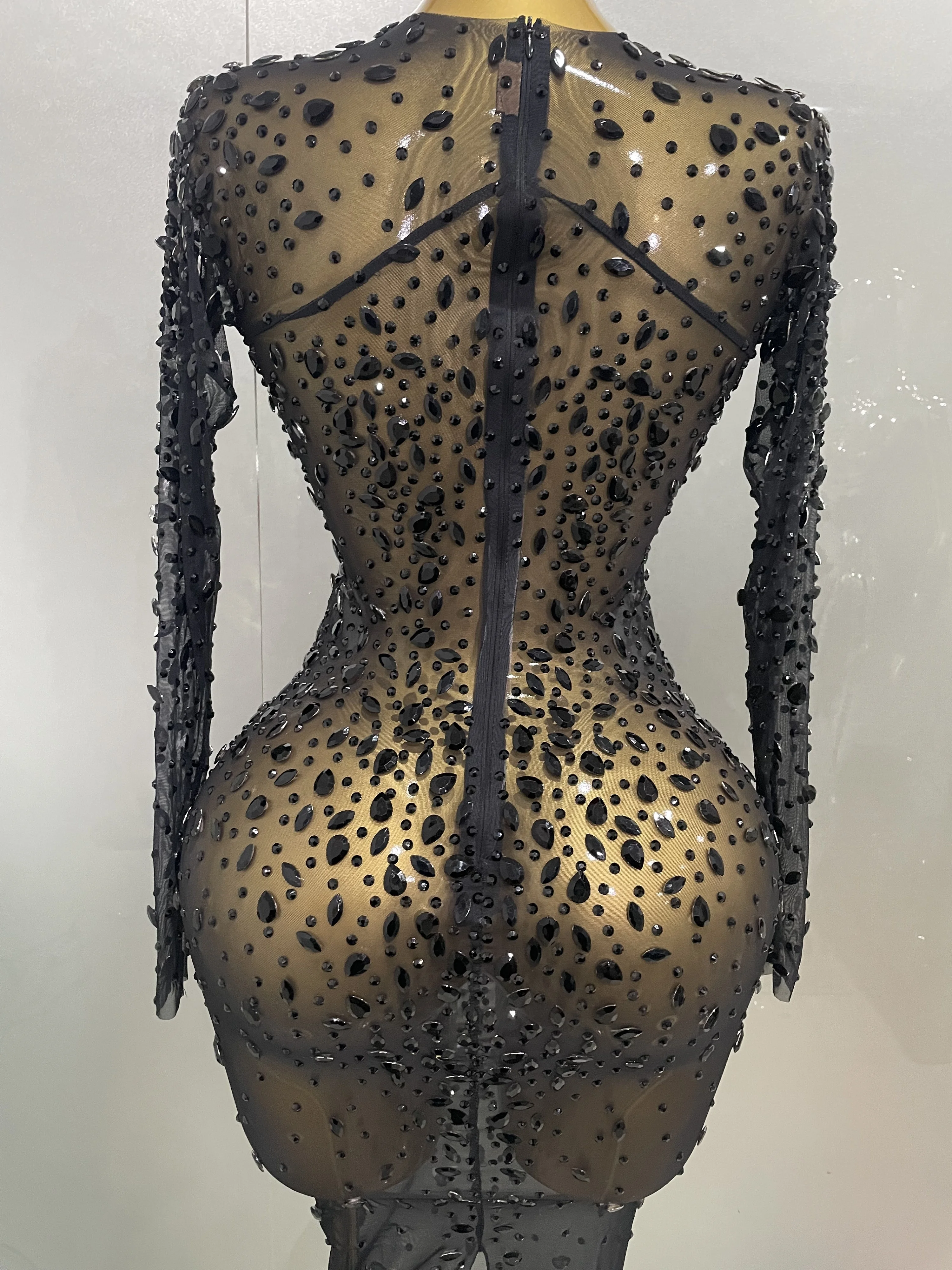Sexy Shinny Rhinestone Stretch Mesh Transparent Long Dress 2025New Women Evening Birthday Party Prom Nightclub Singer Stage Wear